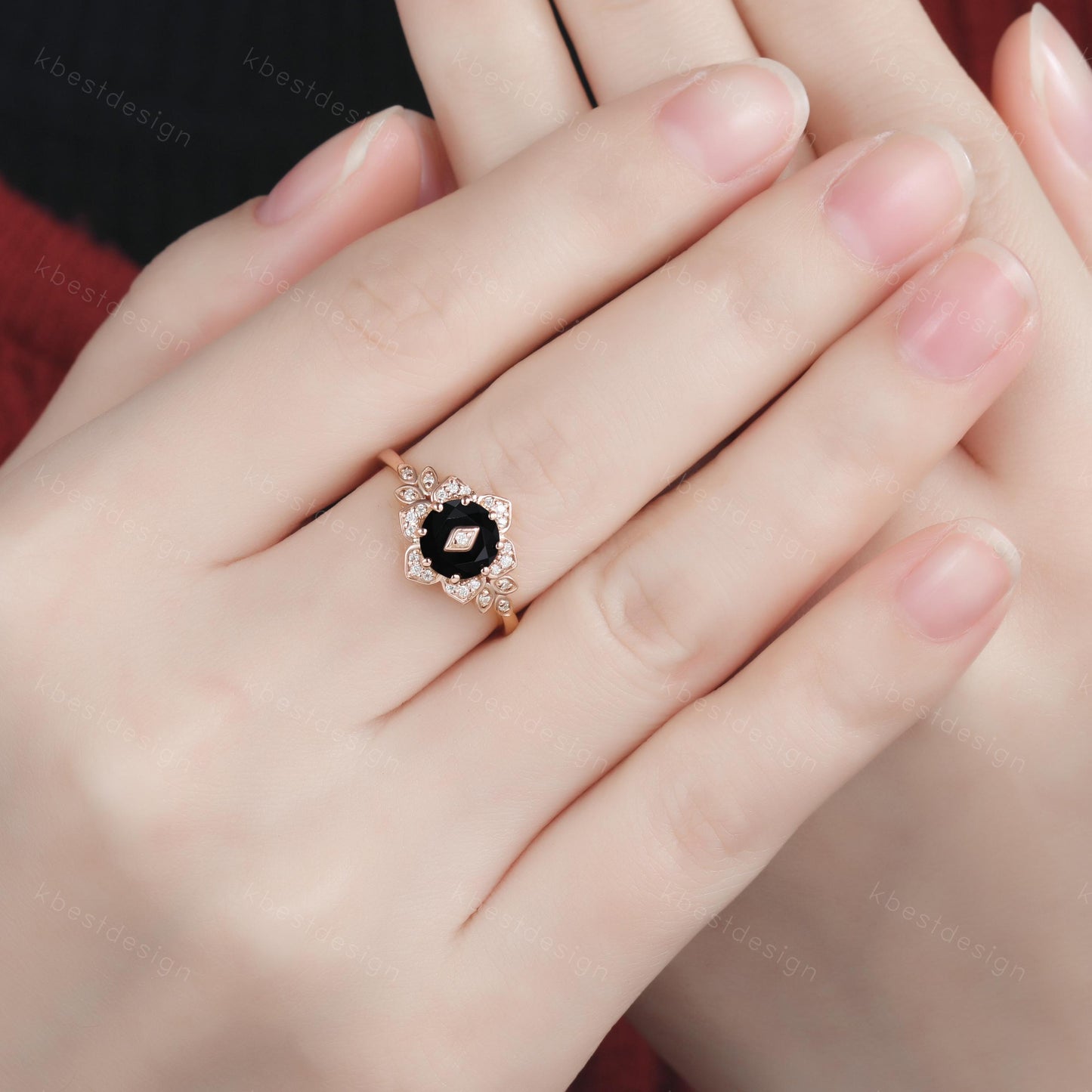 Vintage round Blue Sandstone engagement ring antique moissanite halo ring rose gold floral petal ring Nature inspired ring Promise ring