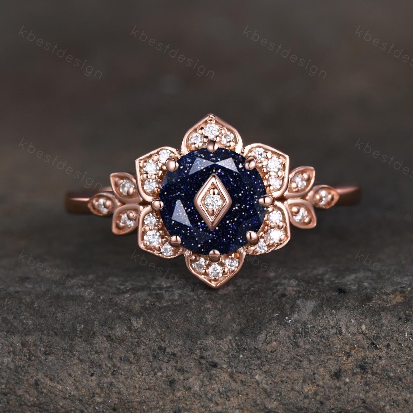 Vintage round Blue Sandstone engagement ring antique moissanite halo ring rose gold floral petal ring Nature inspired ring Promise ring