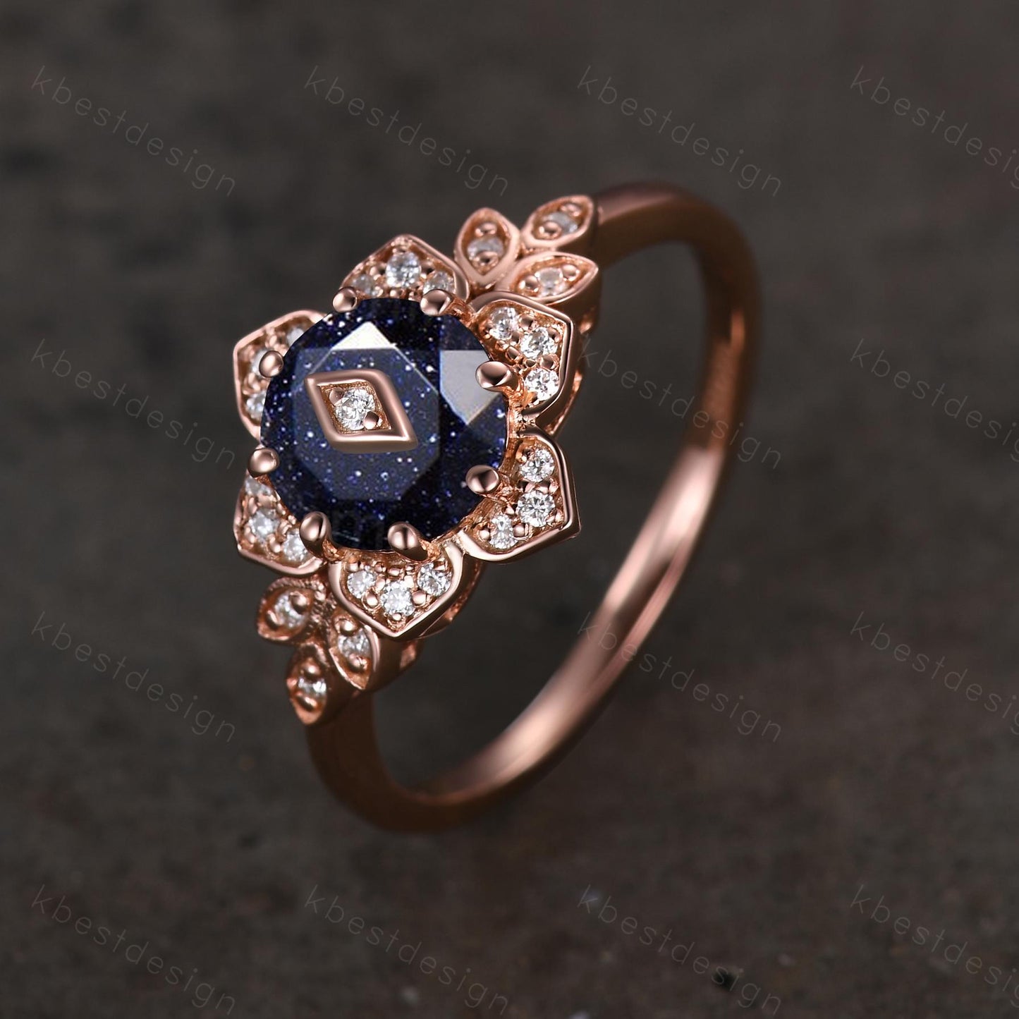 Vintage round Blue Sandstone engagement ring antique moissanite halo ring rose gold floral petal ring Nature inspired ring Promise ring
