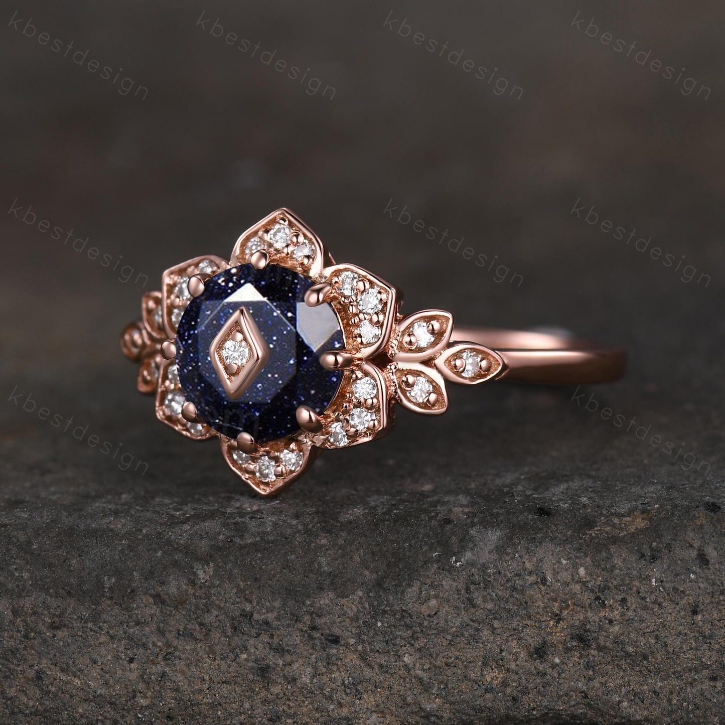 Vintage round Blue Sandstone engagement ring antique moissanite halo ring rose gold floral petal ring Nature inspired ring Promise ring