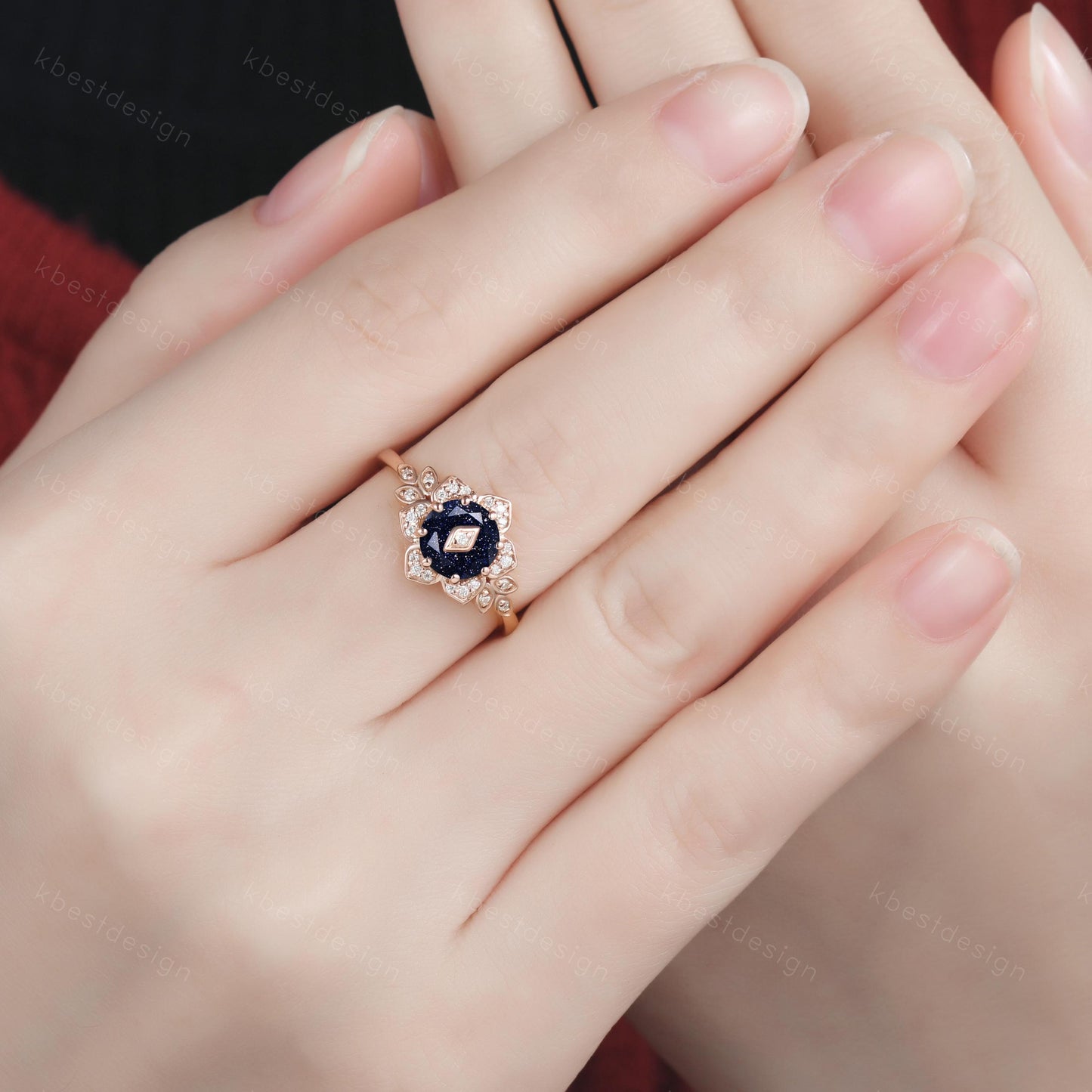 Vintage round Blue Sandstone engagement ring antique moissanite halo ring rose gold floral petal ring Nature inspired ring Promise ring