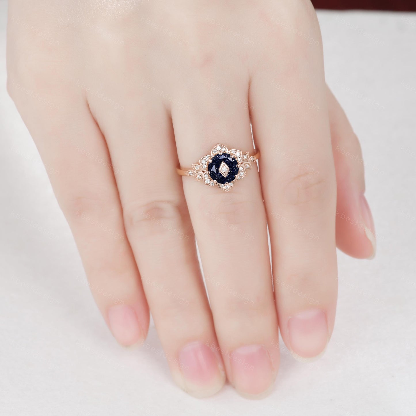 Vintage round Blue Sandstone engagement ring antique moissanite halo ring rose gold floral petal ring Nature inspired ring Promise ring