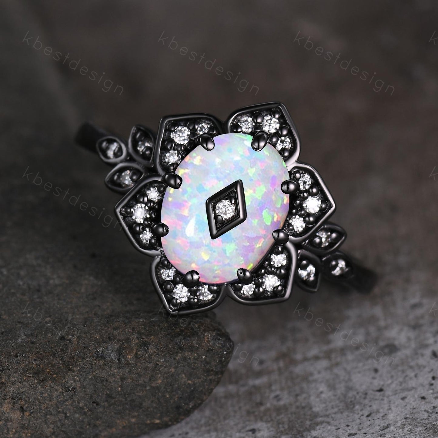 Antique white opal engagement ring Black gold ring Art deco floral design moissanite wedding ring unique petal ring bridal promise ring