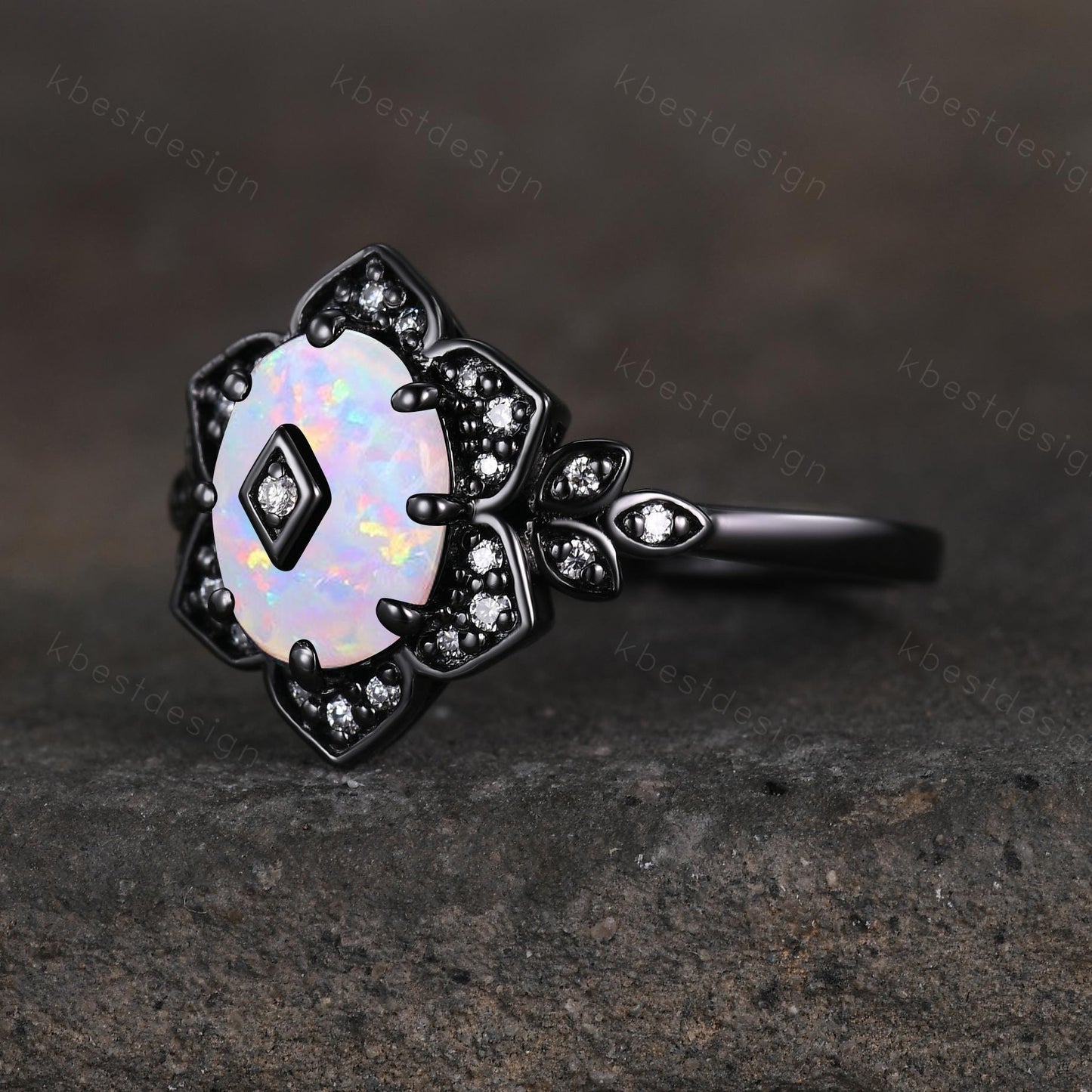 Antique white opal engagement ring Black gold ring Art deco floral design moissanite wedding ring unique petal ring bridal promise ring