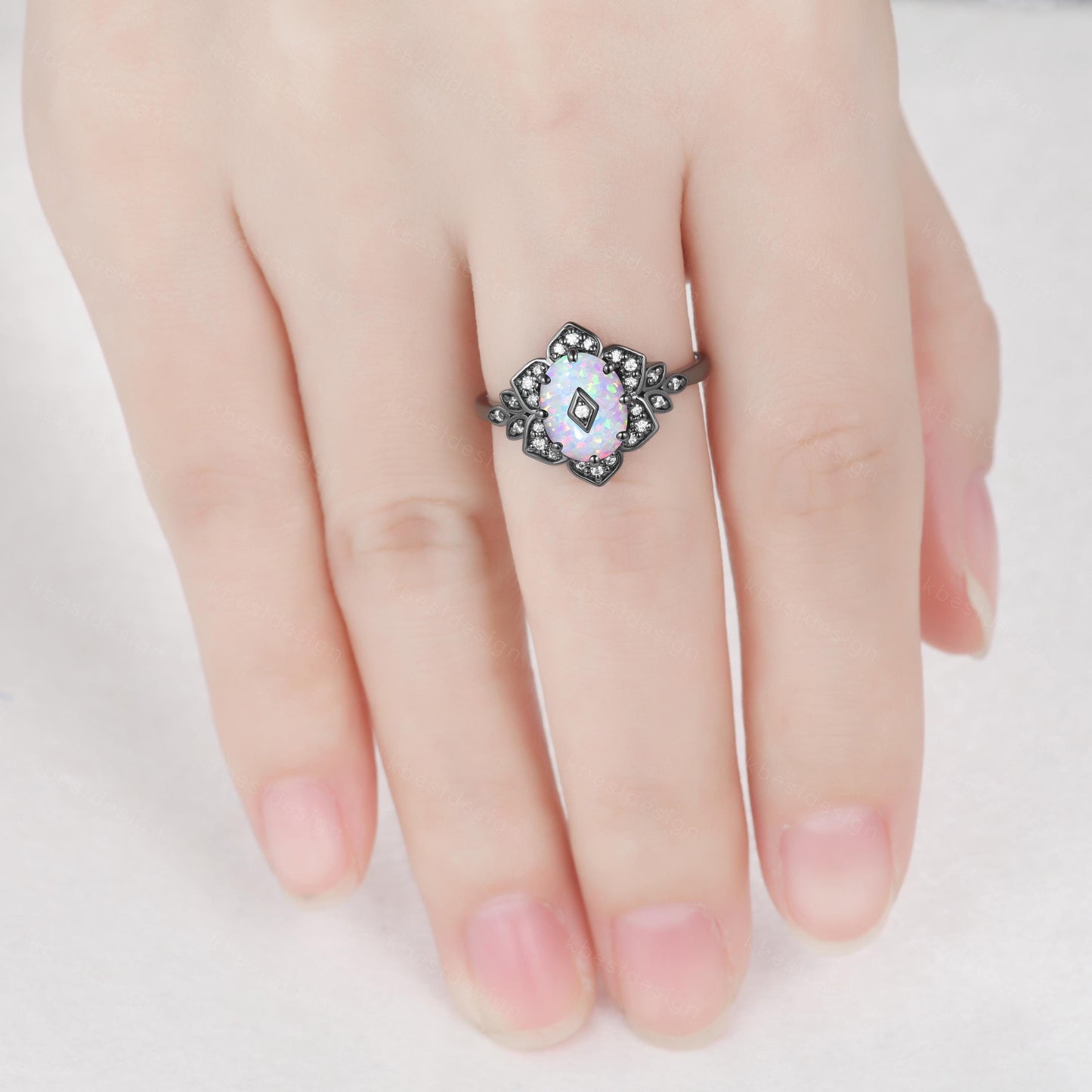 Antique white opal engagement ring Black gold ring Art deco floral design moissanite wedding ring unique petal ring bridal promise ring