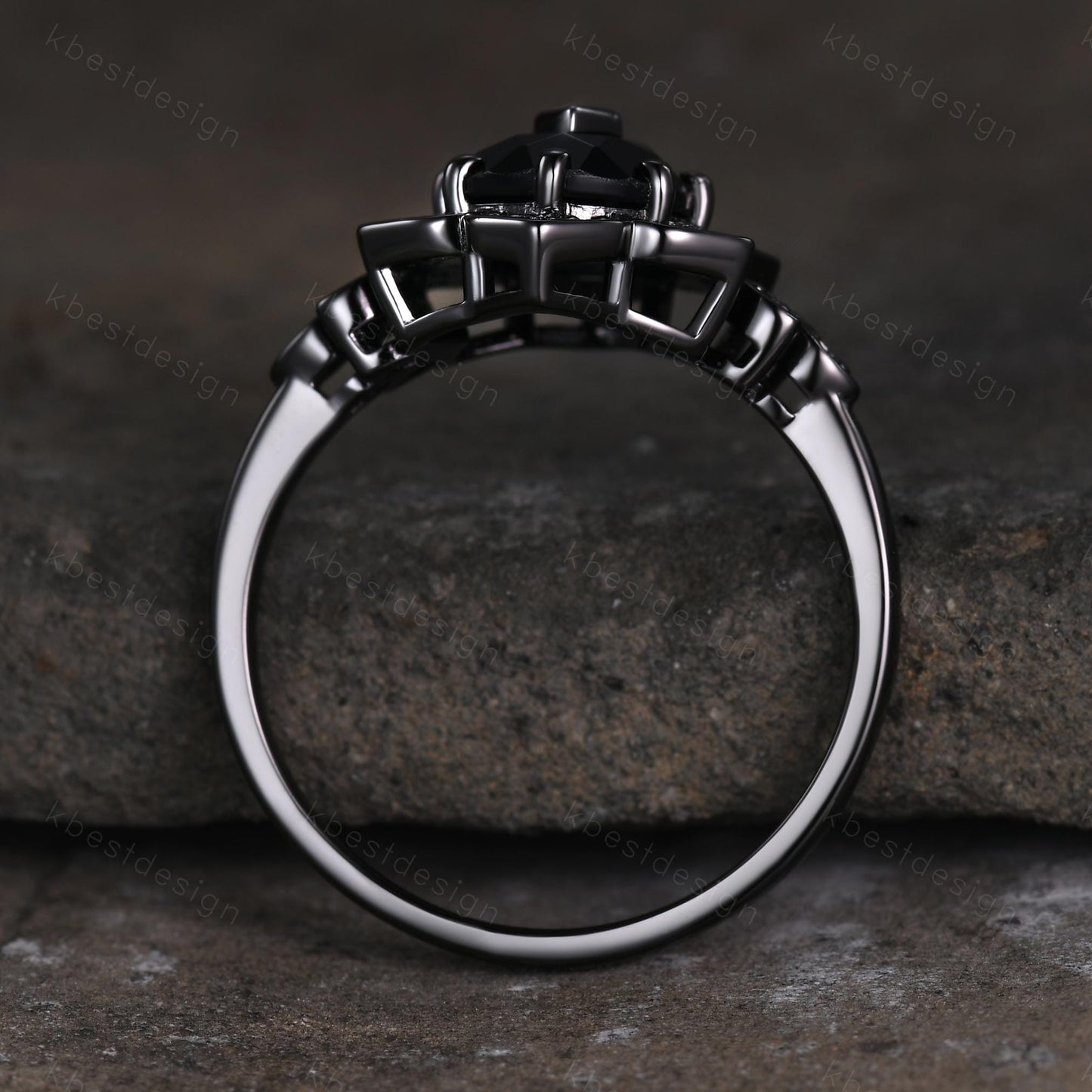 Antique blue sandstone engagement ring Black gold ring Art deco floral design moissanite wedding ring unique petal ring bridal promise ring