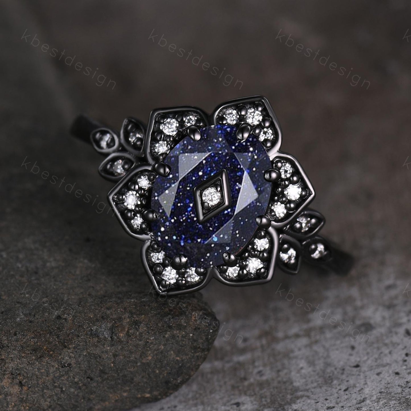 Antique blue sandstone engagement ring Black gold ring Art deco floral design moissanite wedding ring unique petal ring bridal promise ring