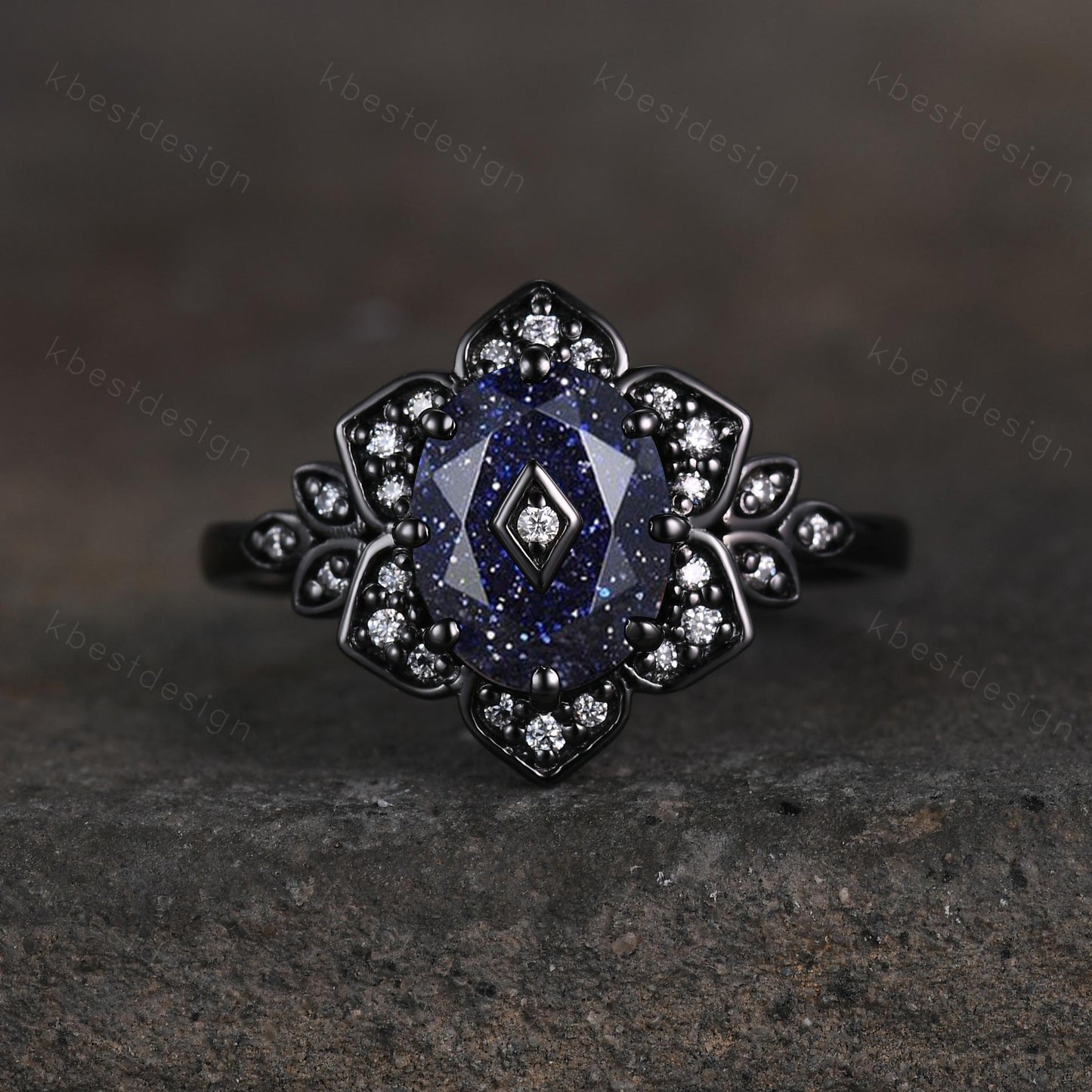 Antique blue sandstone engagement ring Black gold ring Art deco floral design moissanite wedding ring unique petal ring bridal promise ring