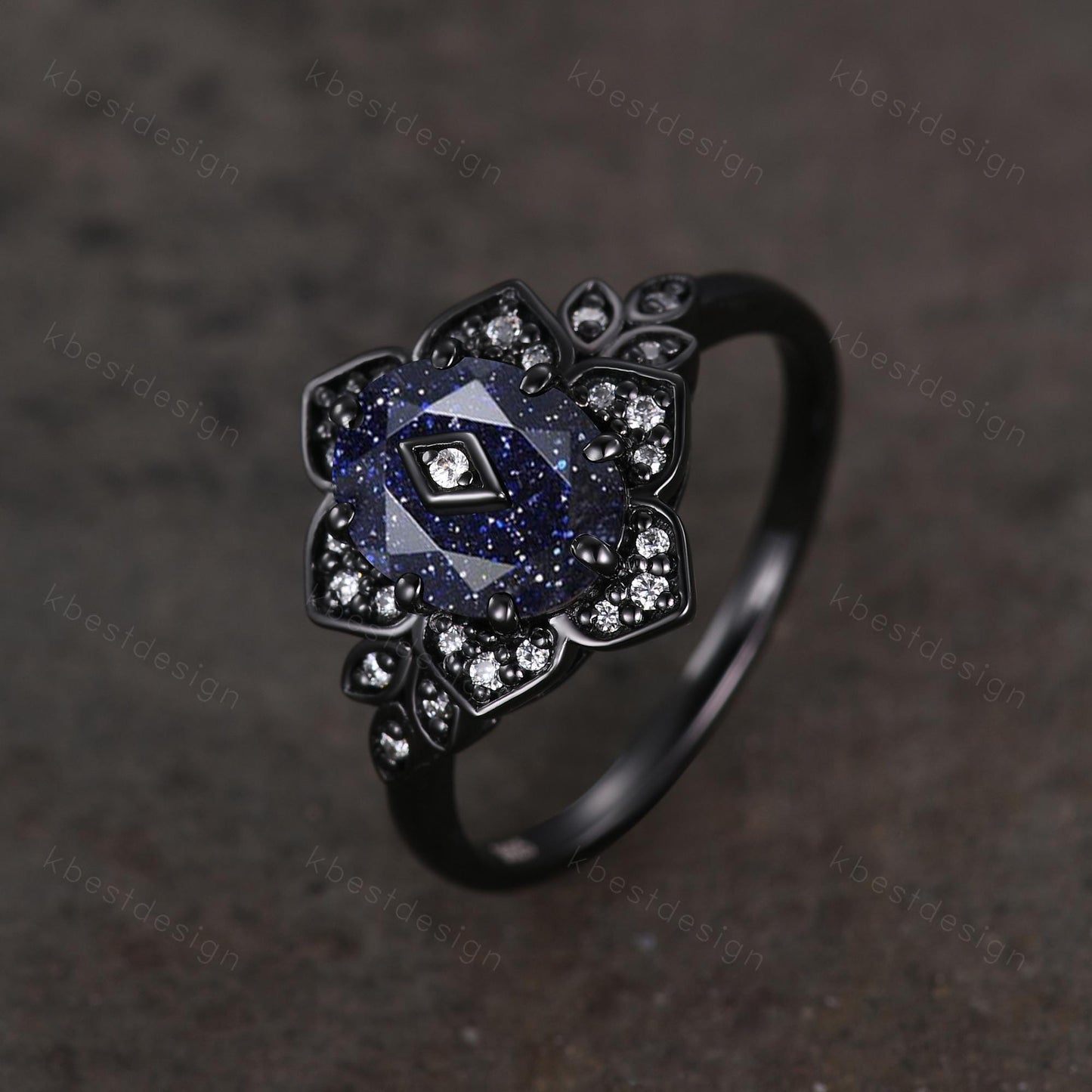 Antique blue sandstone engagement ring Black gold ring Art deco floral design moissanite wedding ring unique petal ring bridal promise ring