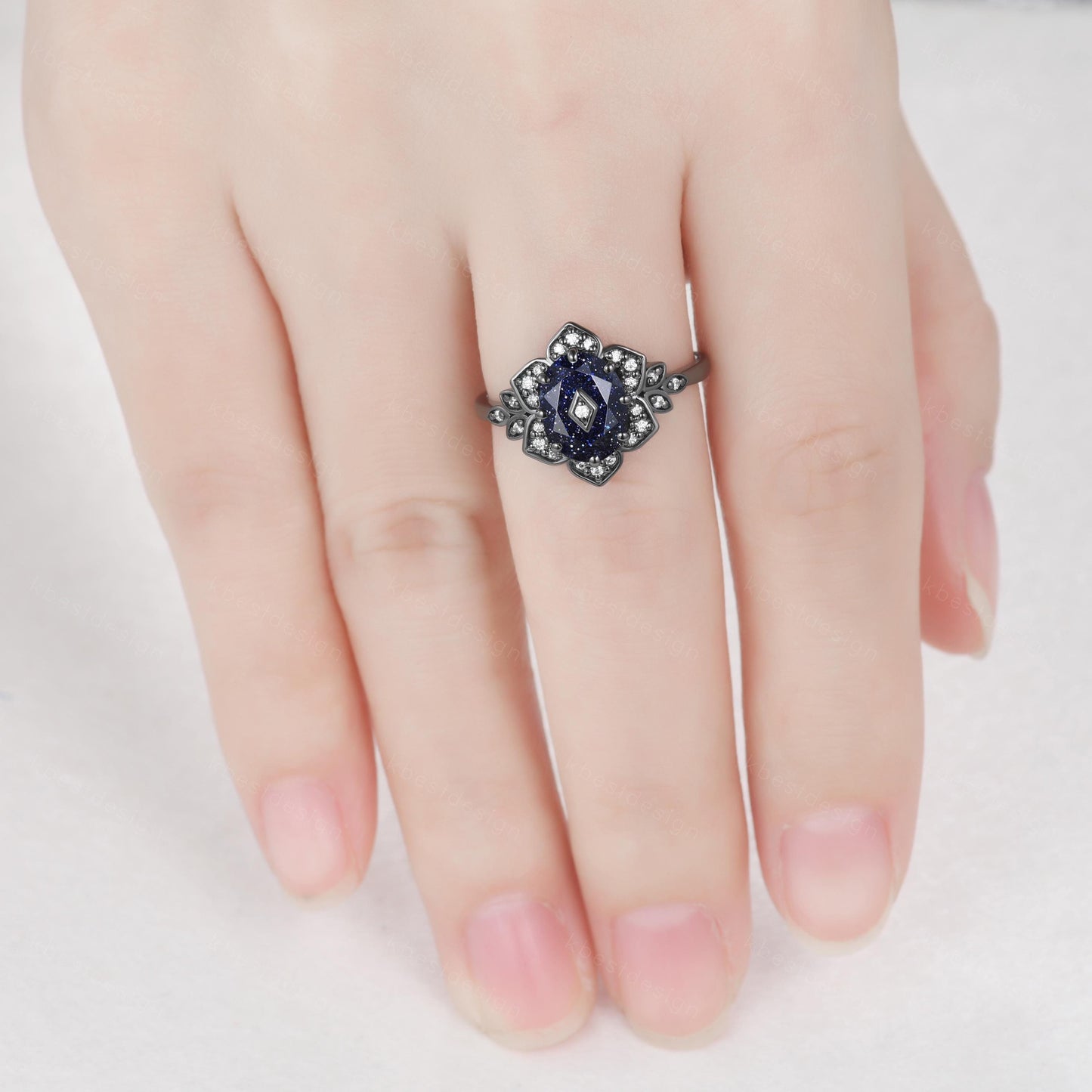 Antique blue sandstone engagement ring Black gold ring Art deco floral design moissanite wedding ring unique petal ring bridal promise ring