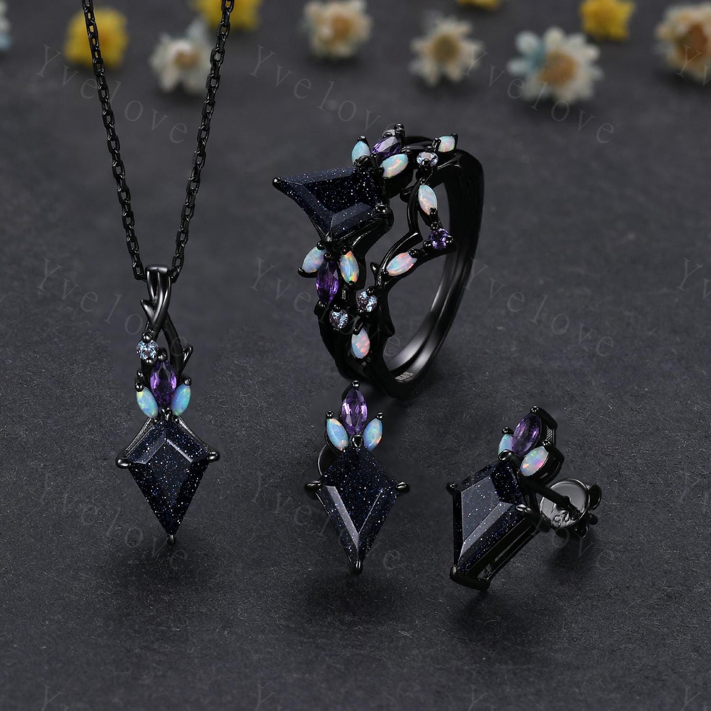 Art deco kite cut blue sandstone earrings starry night sandstone jewelry opal amethyst stud earrings women earring anniversary gift for her