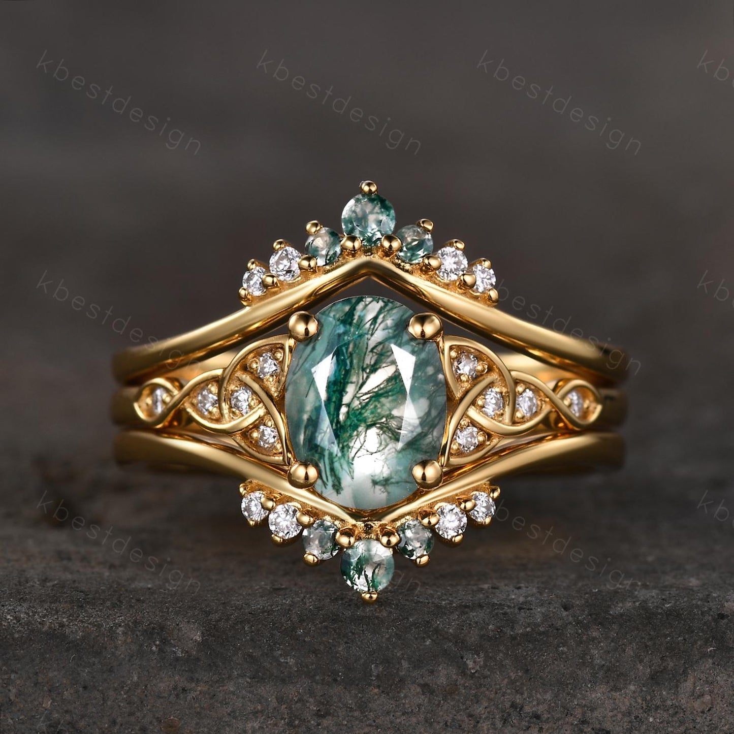 Vintage moss agate engagement ring set yellow gold double curved stacking wedding band unique celtic green agate ring oval cut bridal set