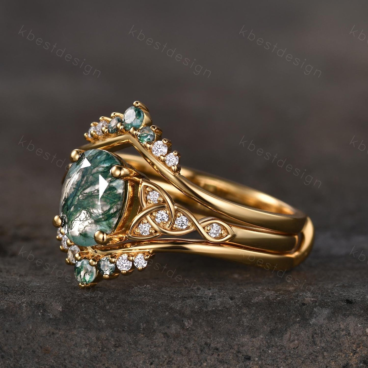 Vintage moss agate engagement ring set yellow gold double curved stacking wedding band unique celtic green agate ring oval cut bridal set