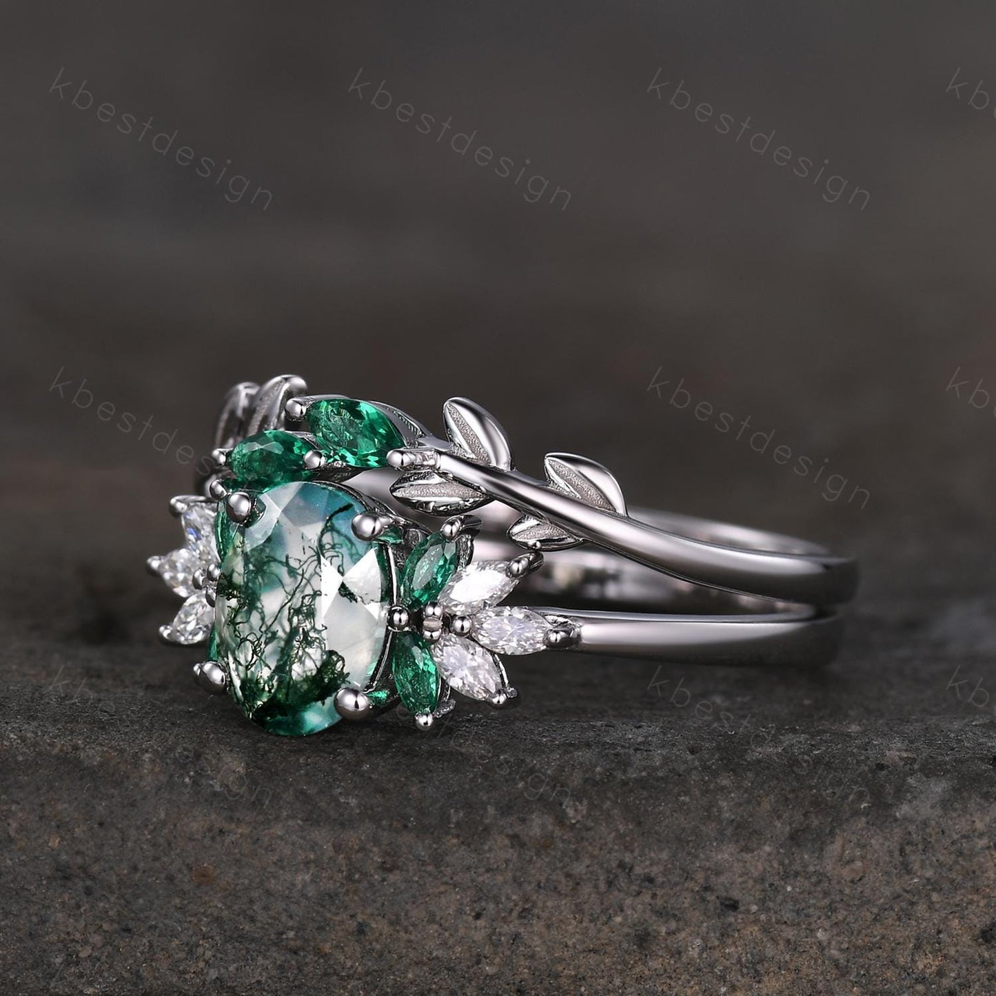 Vintage oval moss agate engagement ring set Curved emerald stacking band leaf style ring unique art deco bridal wedding ring set
