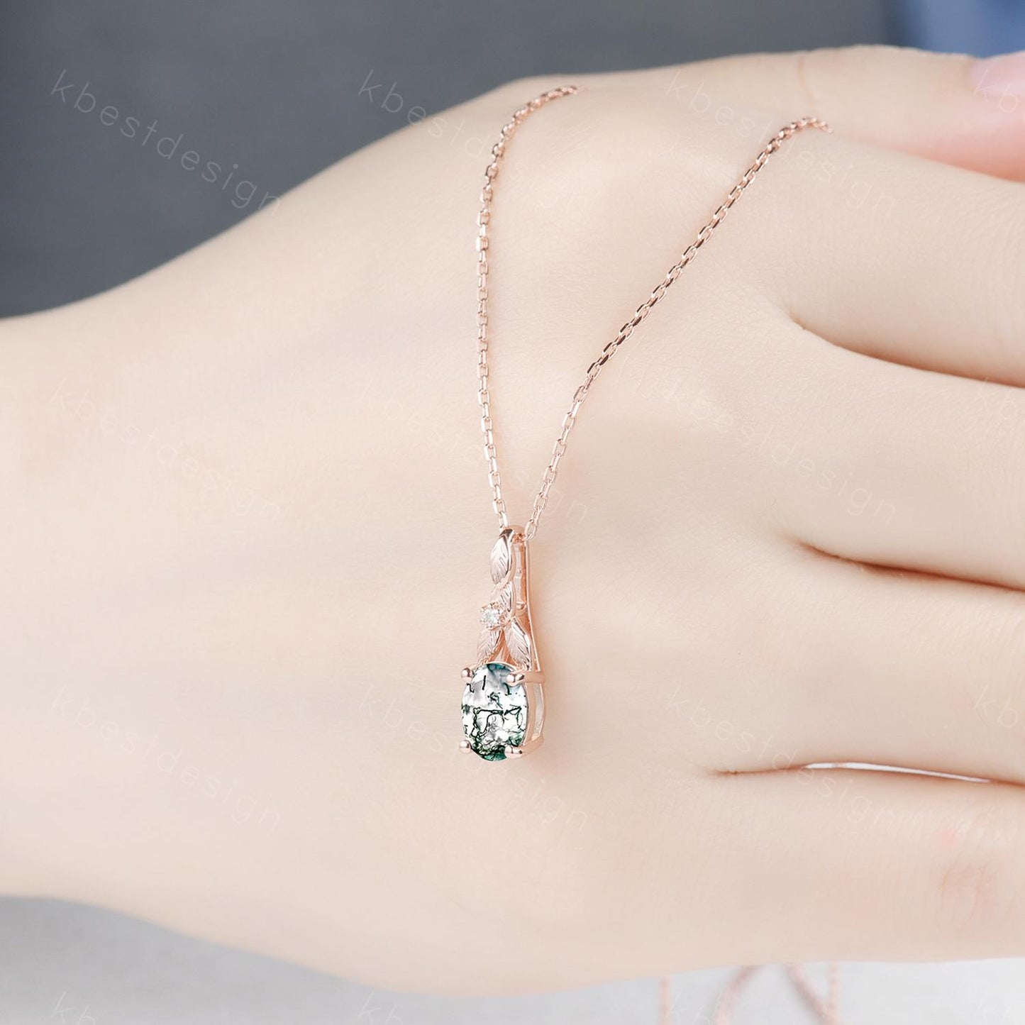 Oval cut moss agate necklace women rose gold necklace vine leaf pendant unique art deco bridal promise gift nature inspired necklace