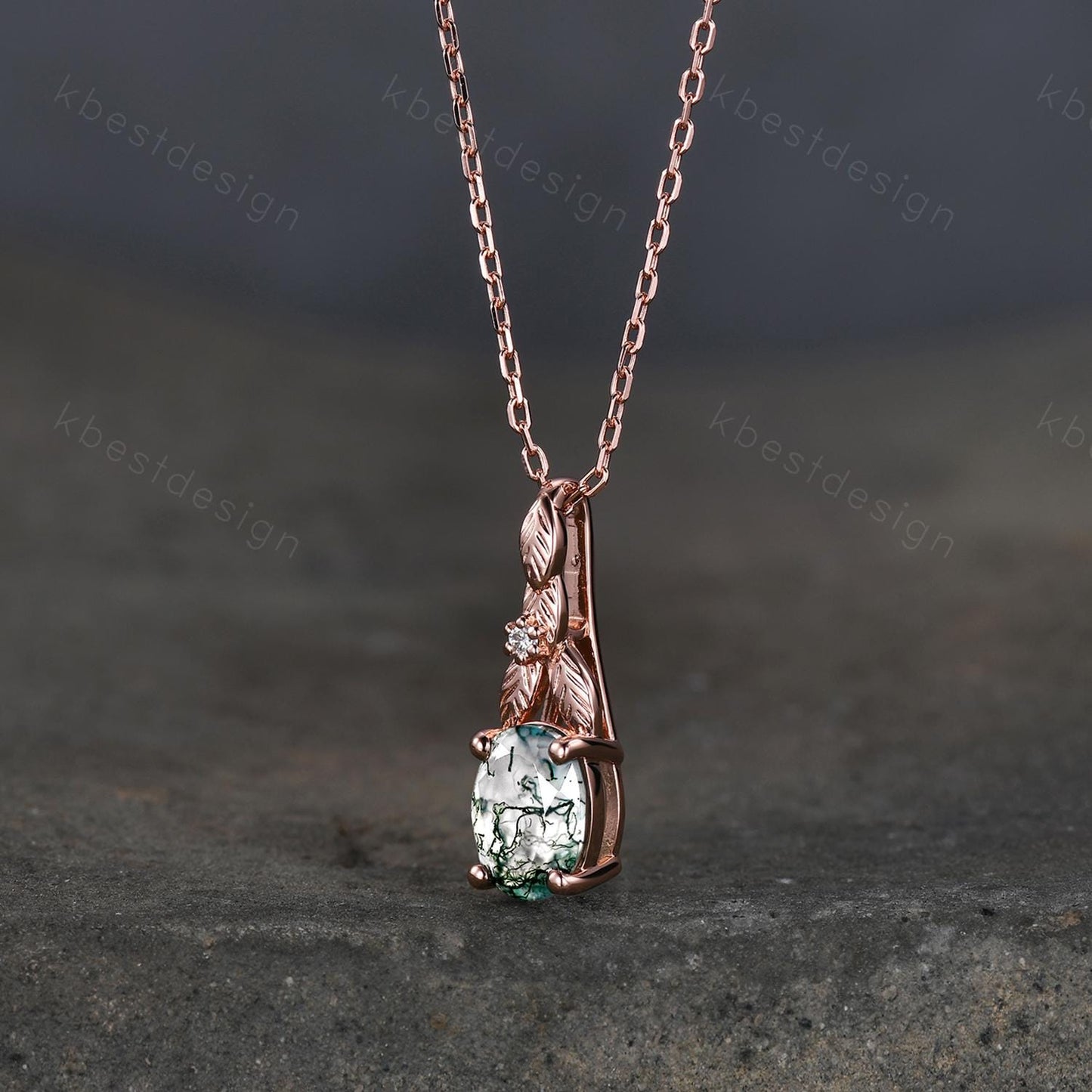 Oval cut moss agate necklace women rose gold necklace vine leaf pendant unique art deco bridal promise gift nature inspired necklace