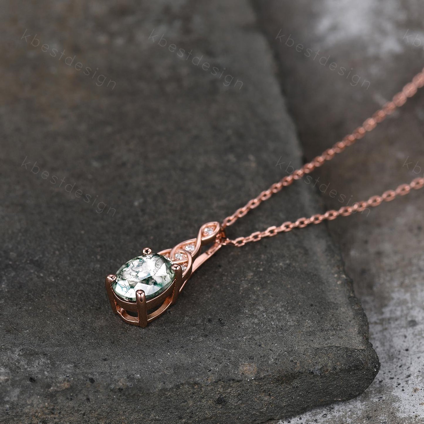 Celtic moss agate necklace women rose gold pendant necklace oval cut pendant art deco green agate necklace anniversary gift for her