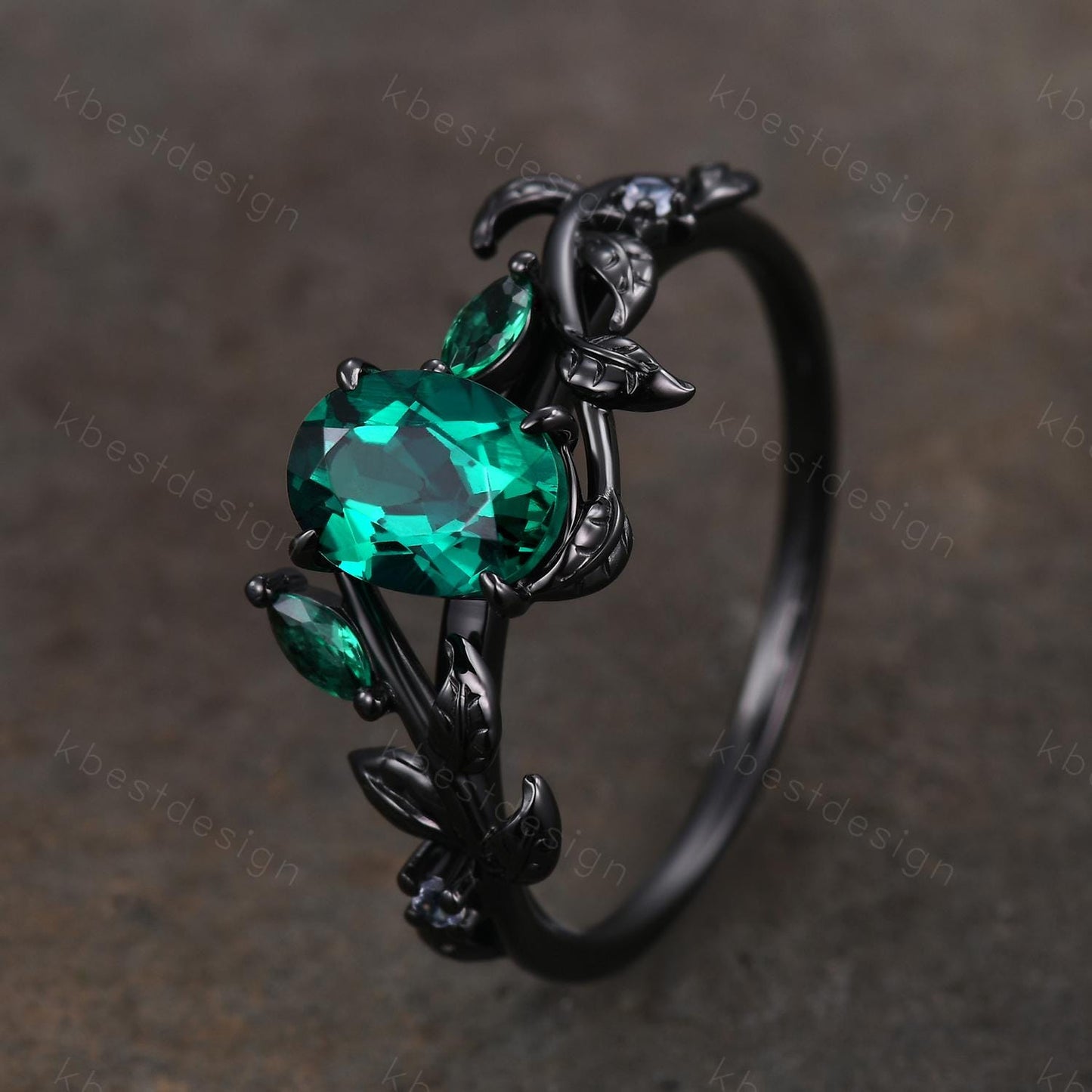 Vintage oval cut emerald engagement ring gothic black gold art deco emerald cluster ring nature inspired bridal promise ring for her