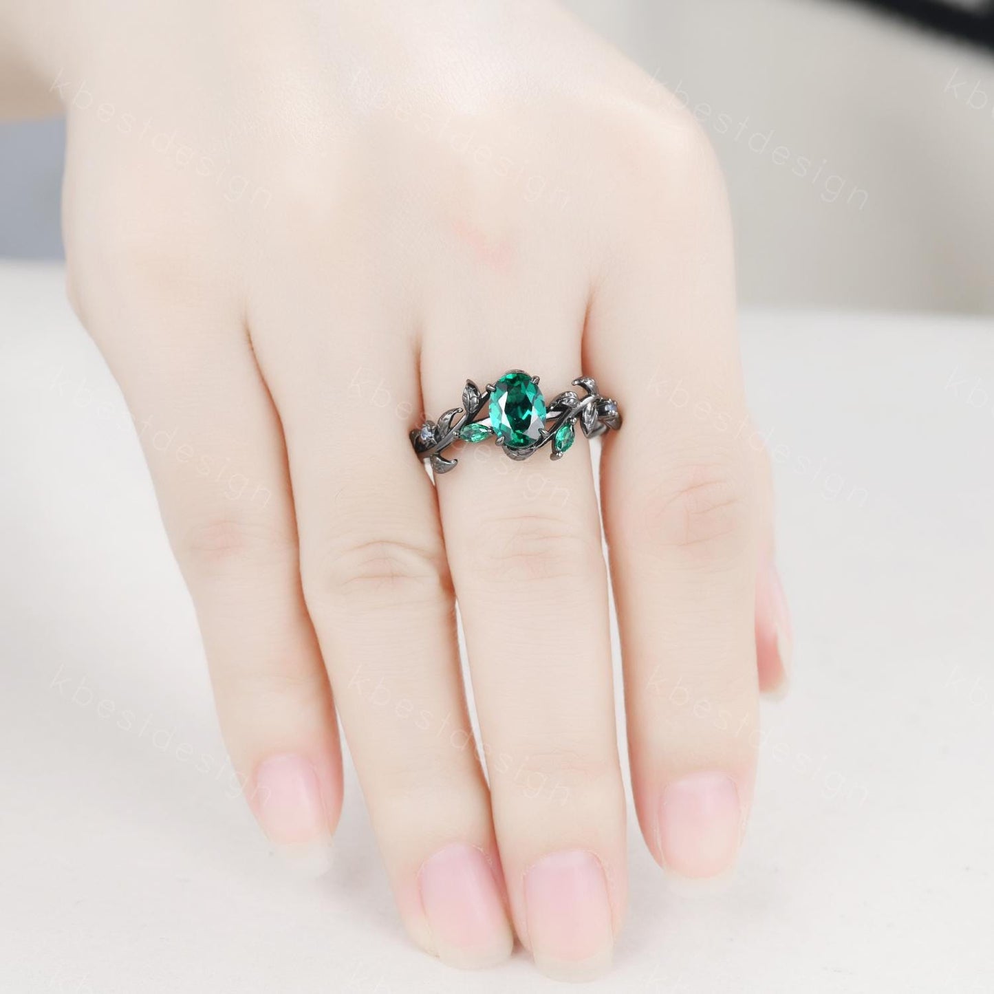 Vintage oval cut emerald engagement ring gothic black gold art deco emerald cluster ring nature inspired bridal promise ring for her