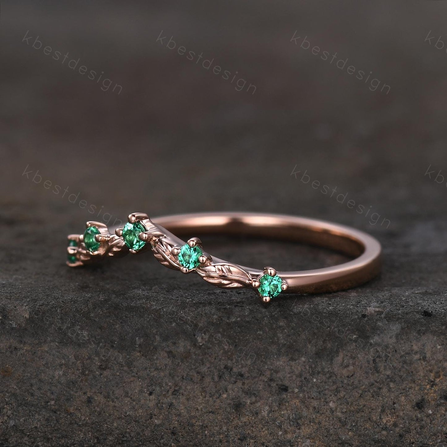 Vintage Curved Emerald Wedding Band Rose Gold Stacking Band Unique Leaf Style Matching Band for Women Nature Inspired Ring Anniversary Gift