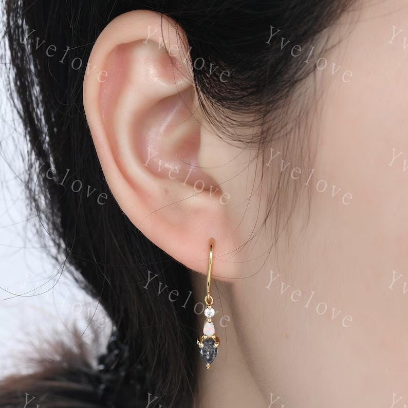 Unique Salt and Pepper Diamond Opal Earrings,Pear Cut Gems,Art Deco Diamond Delicate Dainty Earrings,3 Stone Minimalist Women Gift for Her