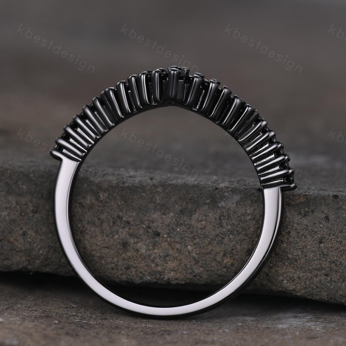 Unique curved black spinel wedding band dainty black gold band for women half eternity stacking matching band bridal anniversary band gift