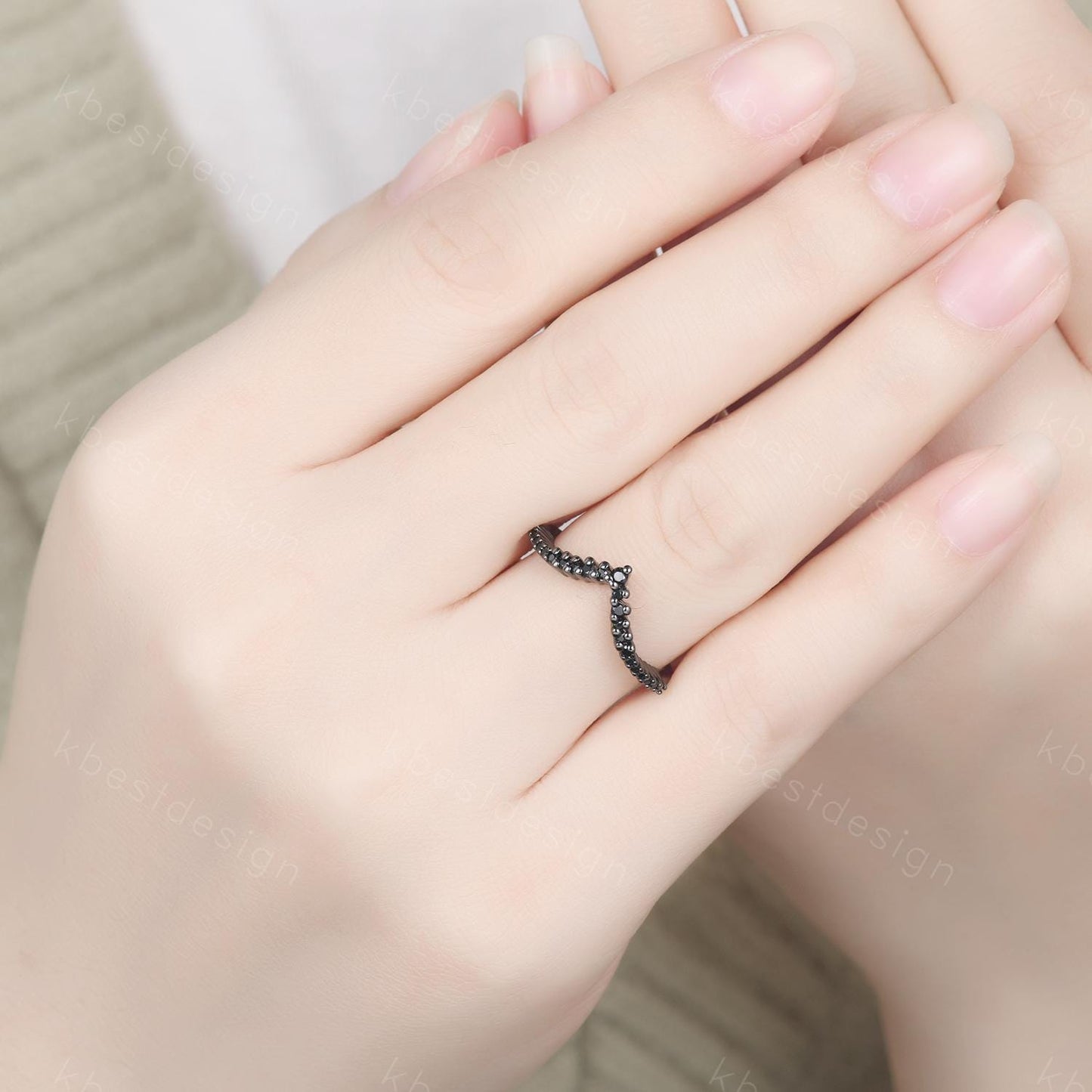 Unique curved black spinel wedding band dainty black gold band for women half eternity stacking matching band bridal anniversary band gift