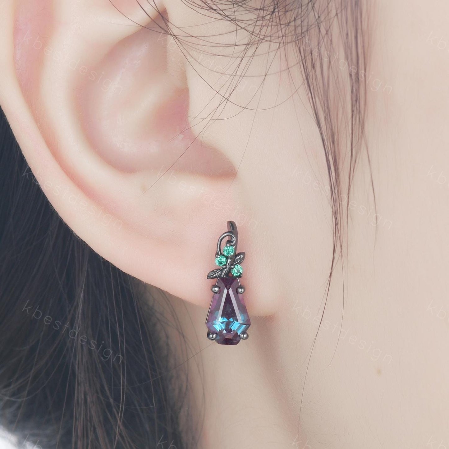 Nature inspired Alexandrite earrings women black gold earring studs coffin cut earrings art deco twig studs anniversary gift for her