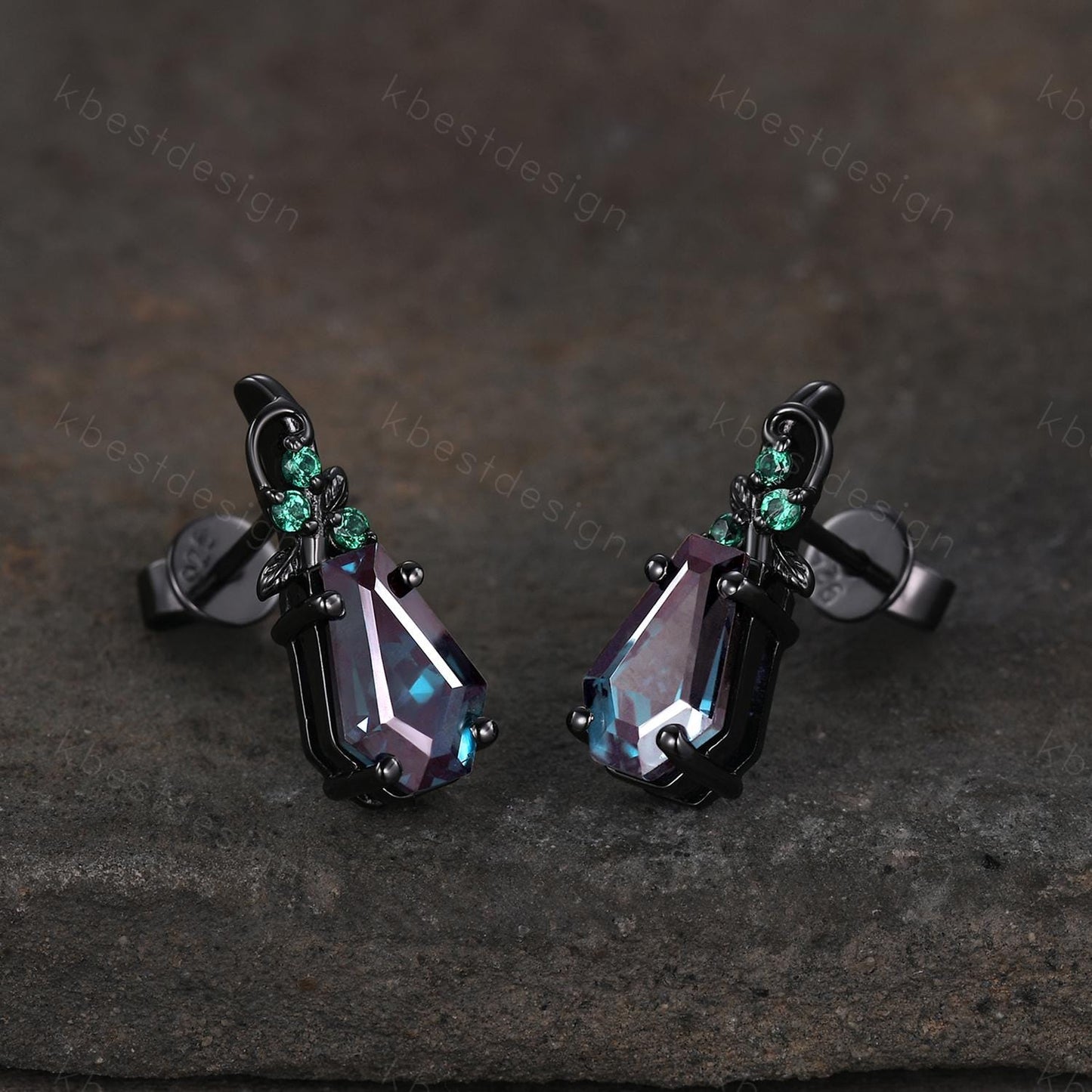 Nature inspired Alexandrite earrings women black gold earring studs coffin cut earrings art deco twig studs anniversary gift for her