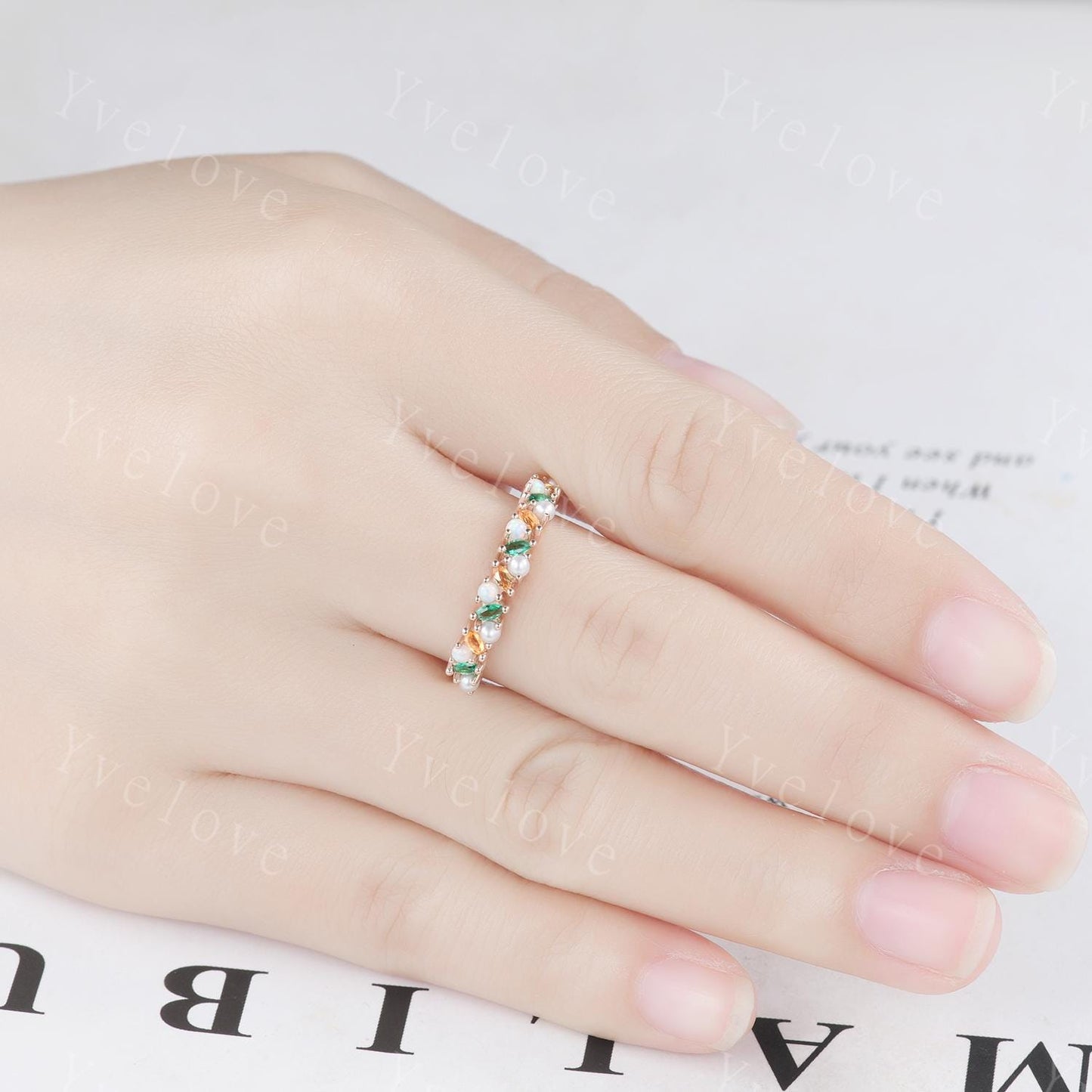 Emerald citrine wedding band art deco opal ring pearl ring gold ring marquise gems promise bridal stacking matching band birthstone gift