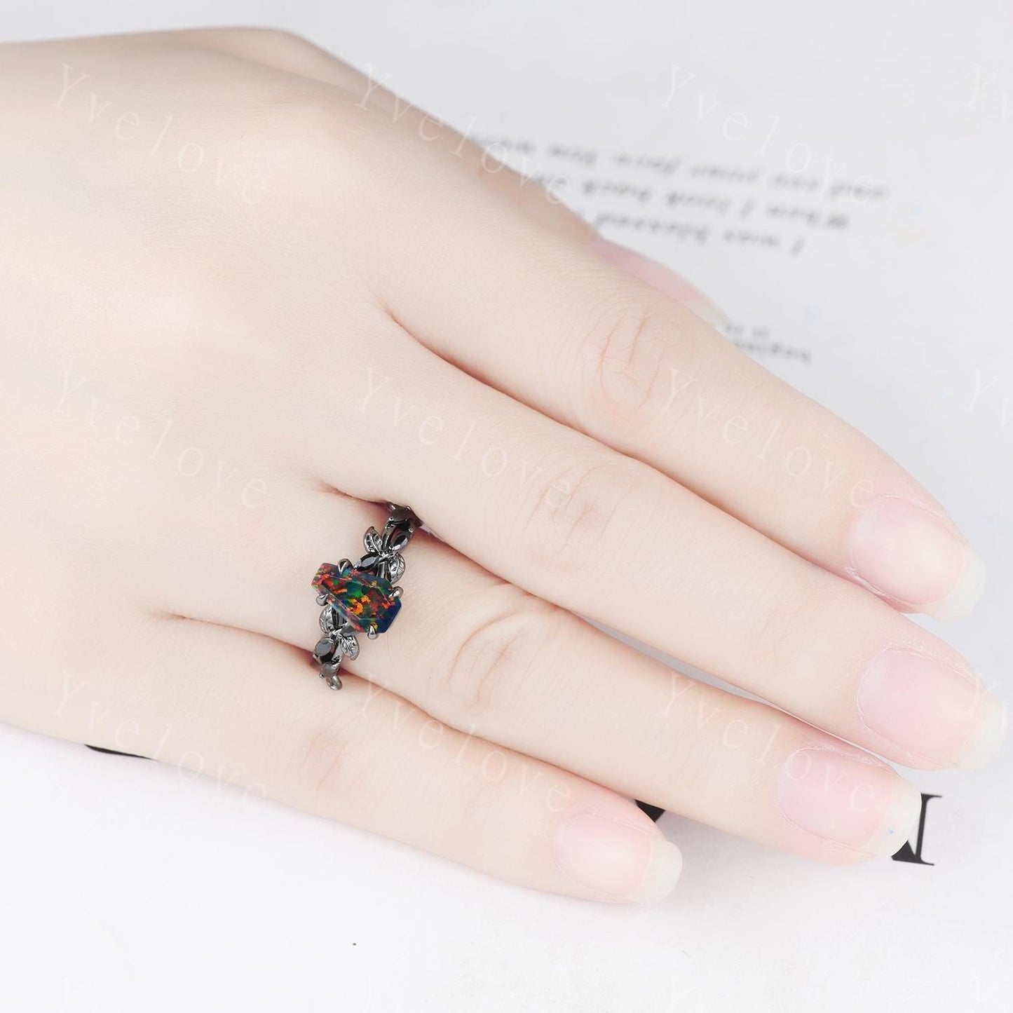 Coffin Shape Black Fire Opal Ring,Gothic Twig Vine Leaf Ring,Antique Black Spinel Bridal Promise Ring Set Nature Inspired Black Gold band