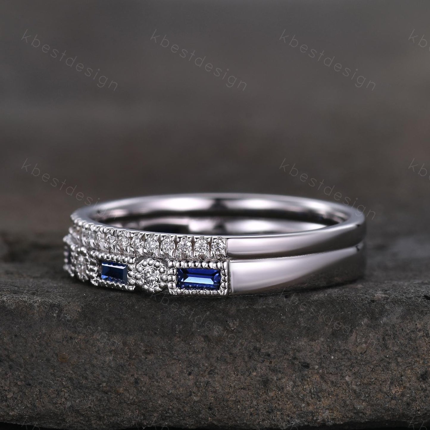Vintage Blue Sapphire wedding band women Baguette cut Half eternity band White gold band Unique Moissanite Stacking bridal promise ring