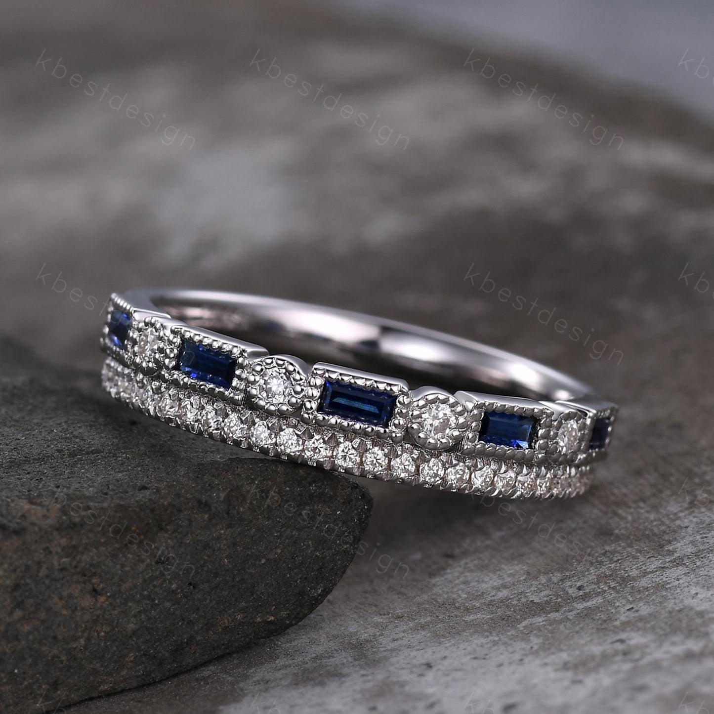 Vintage Blue Sapphire wedding band women Baguette cut Half eternity band White gold band Unique Moissanite Stacking bridal promise ring