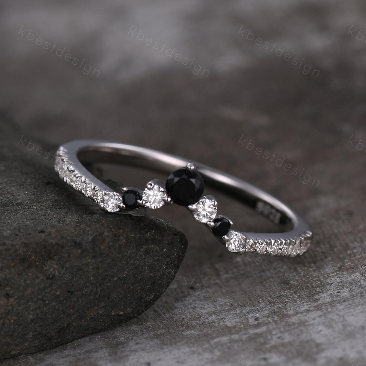 Curved black spinel wedding band dainty curved band for women half eternity moissanite stacking band bridal anniversary band gift