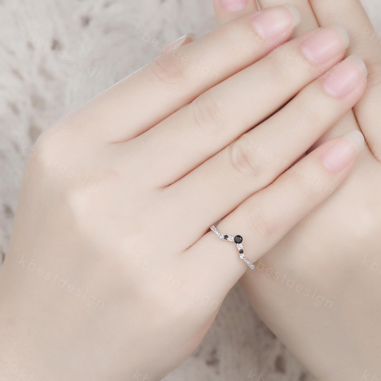 Curved black spinel wedding band dainty curved band for women half eternity moissanite stacking band bridal anniversary band gift