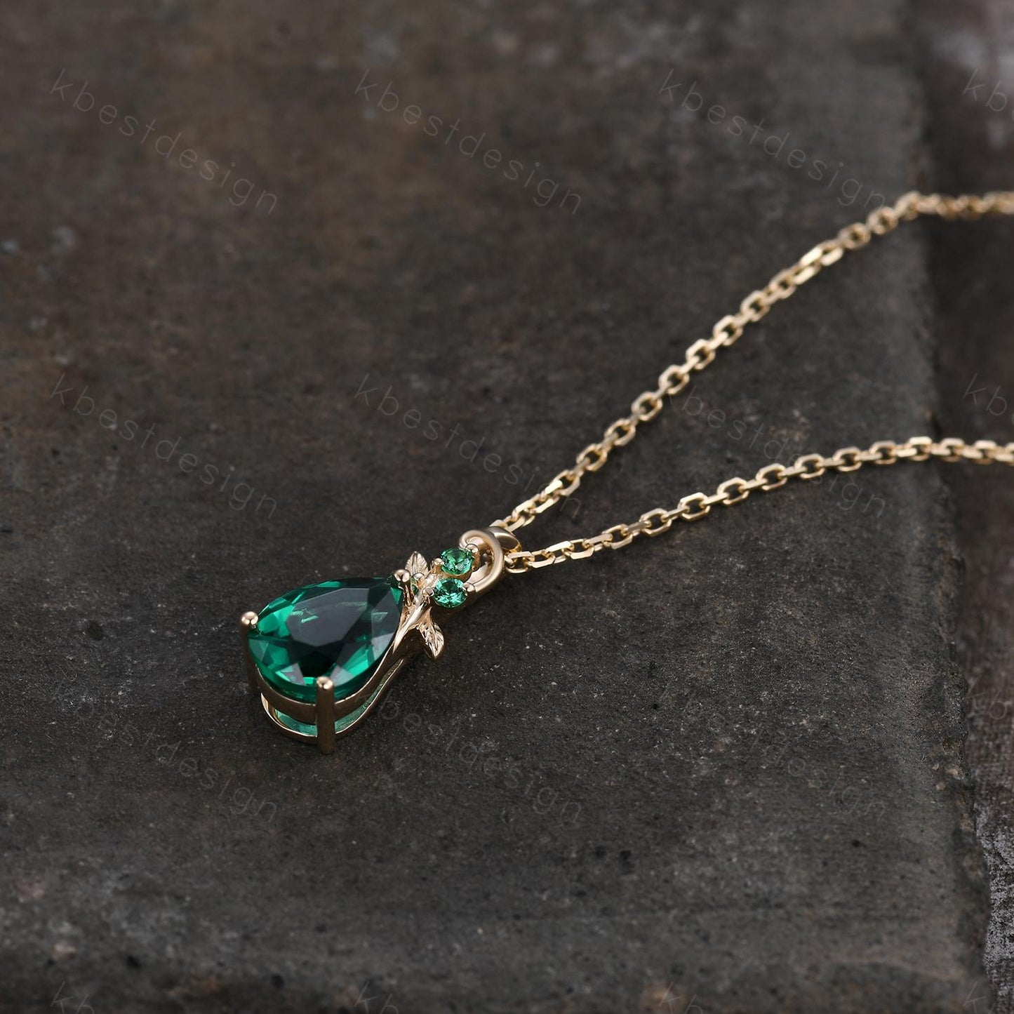 Nature inspired emerald necklace vintage women solid gold necklace unique leaf emerald pendant art deco pear cut pendant bridal promise gift