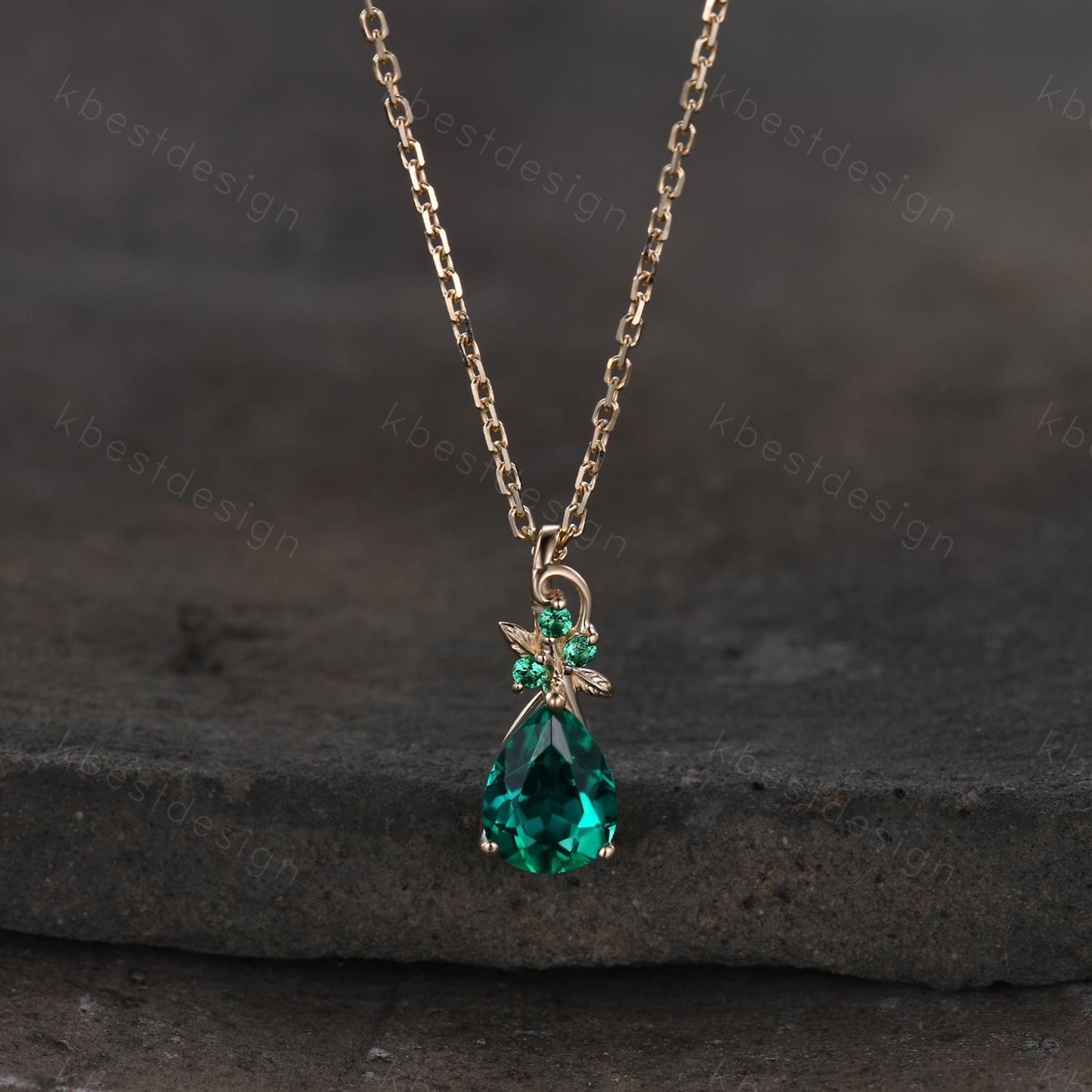 Nature inspired emerald necklace vintage women solid gold necklace unique leaf emerald pendant art deco pear cut pendant bridal promise gift