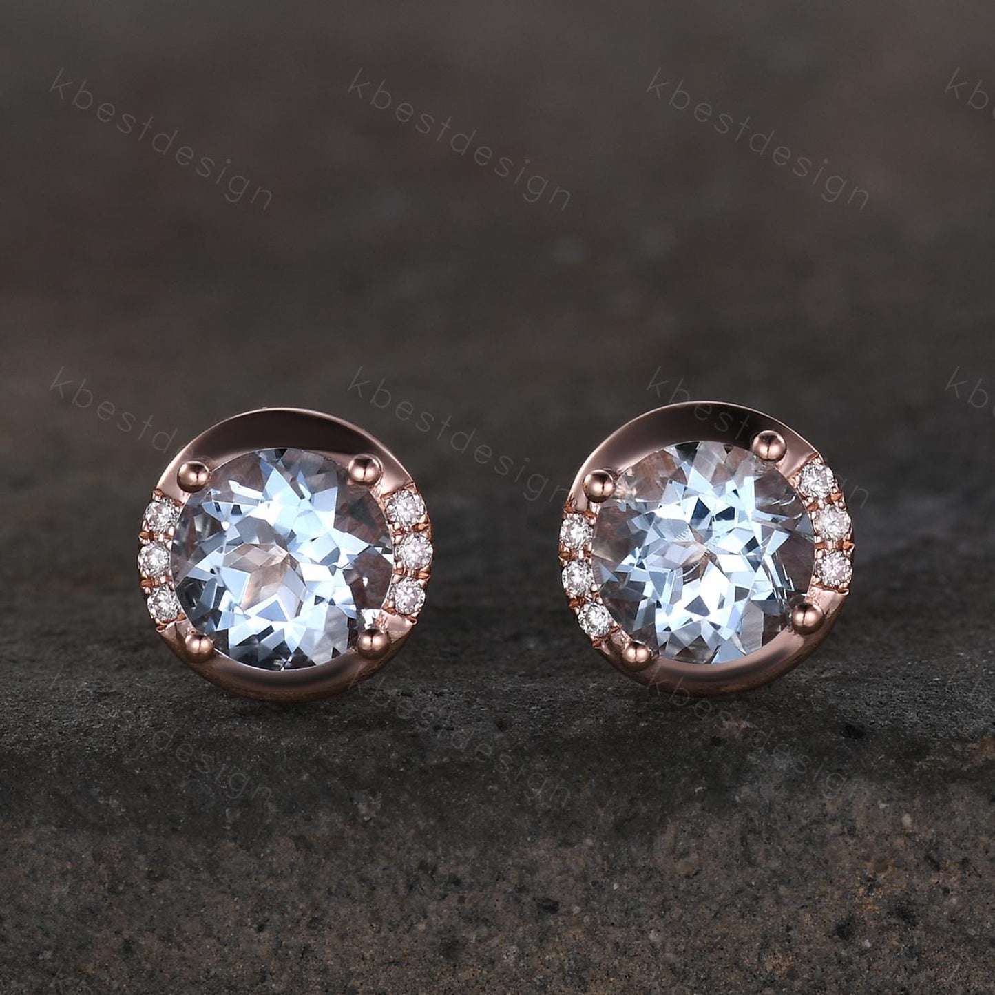 Round Aquamarine Earrings, Aquamarine Birthstone Stud Earrings, Rose Gold Earrings, Genuine Aquamarine Earrings, March Birthstone Earrings