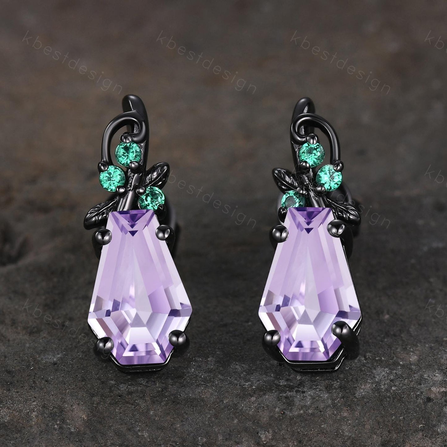 Nature inspired Lavender Amethyst earrings women black gold earring studs coffin cut earrings art deco twig studs anniversary gift for her