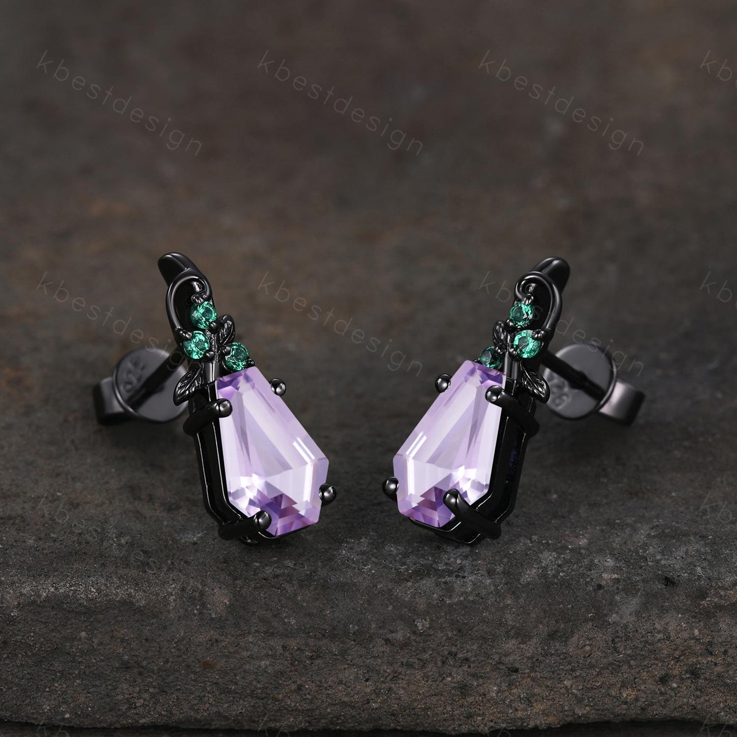 Nature inspired Lavender Amethyst earrings women black gold earring studs coffin cut earrings art deco twig studs anniversary gift for her