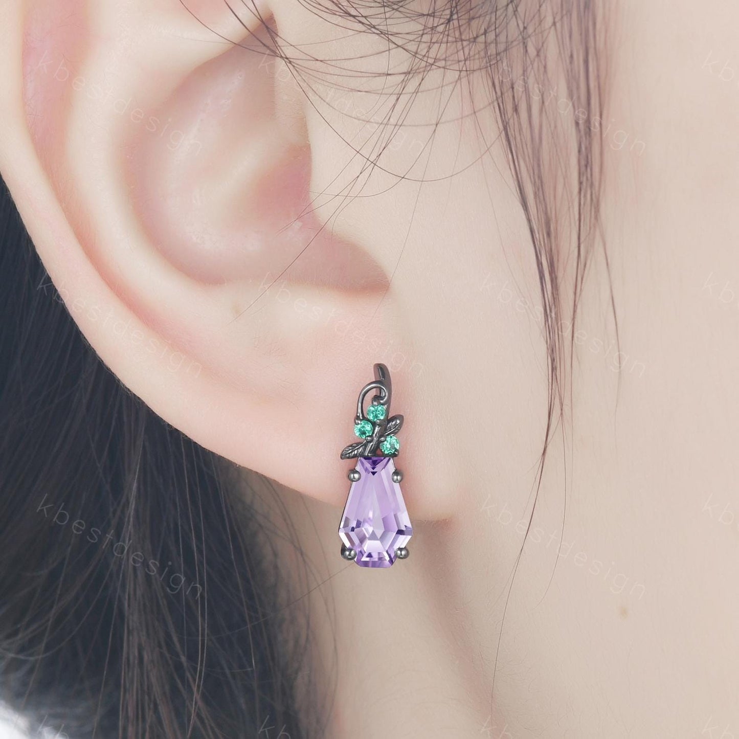 Nature inspired Lavender Amethyst earrings women black gold earring studs coffin cut earrings art deco twig studs anniversary gift for her