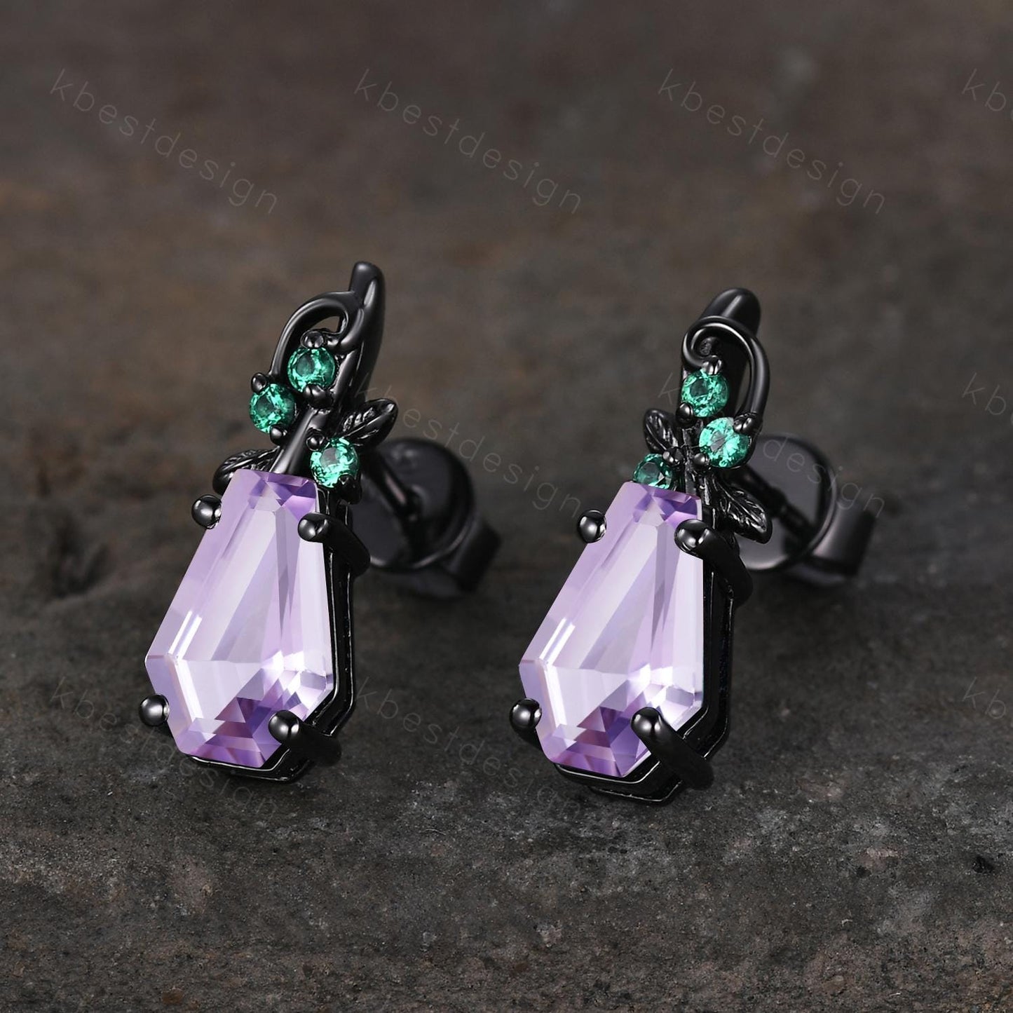 Nature inspired Lavender Amethyst earrings women black gold earring studs coffin cut earrings art deco twig studs anniversary gift for her