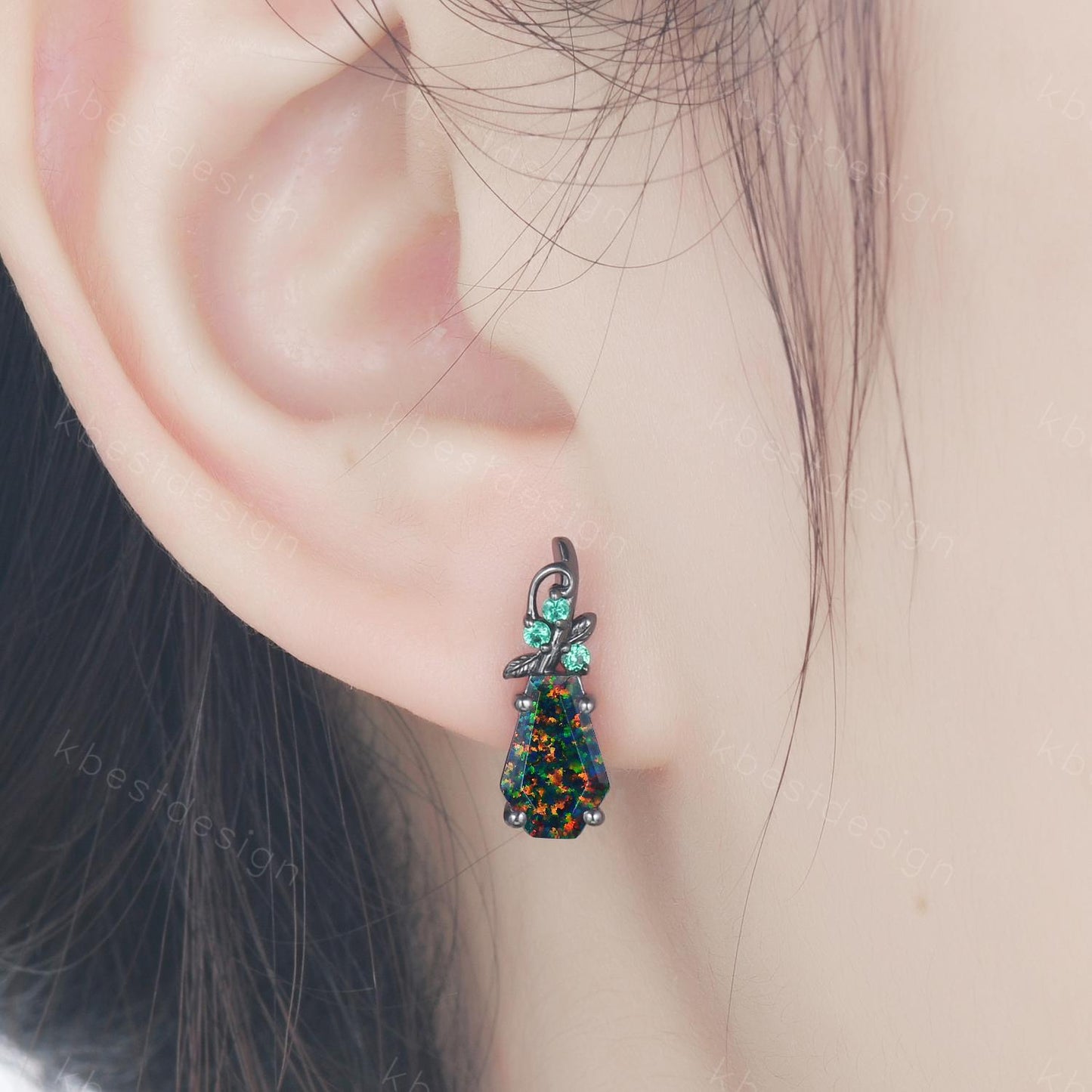 Black Fire Opal earrings women black gold earring studs Nature inspired coffin cut earrings art deco emerald studs anniversary gift for her