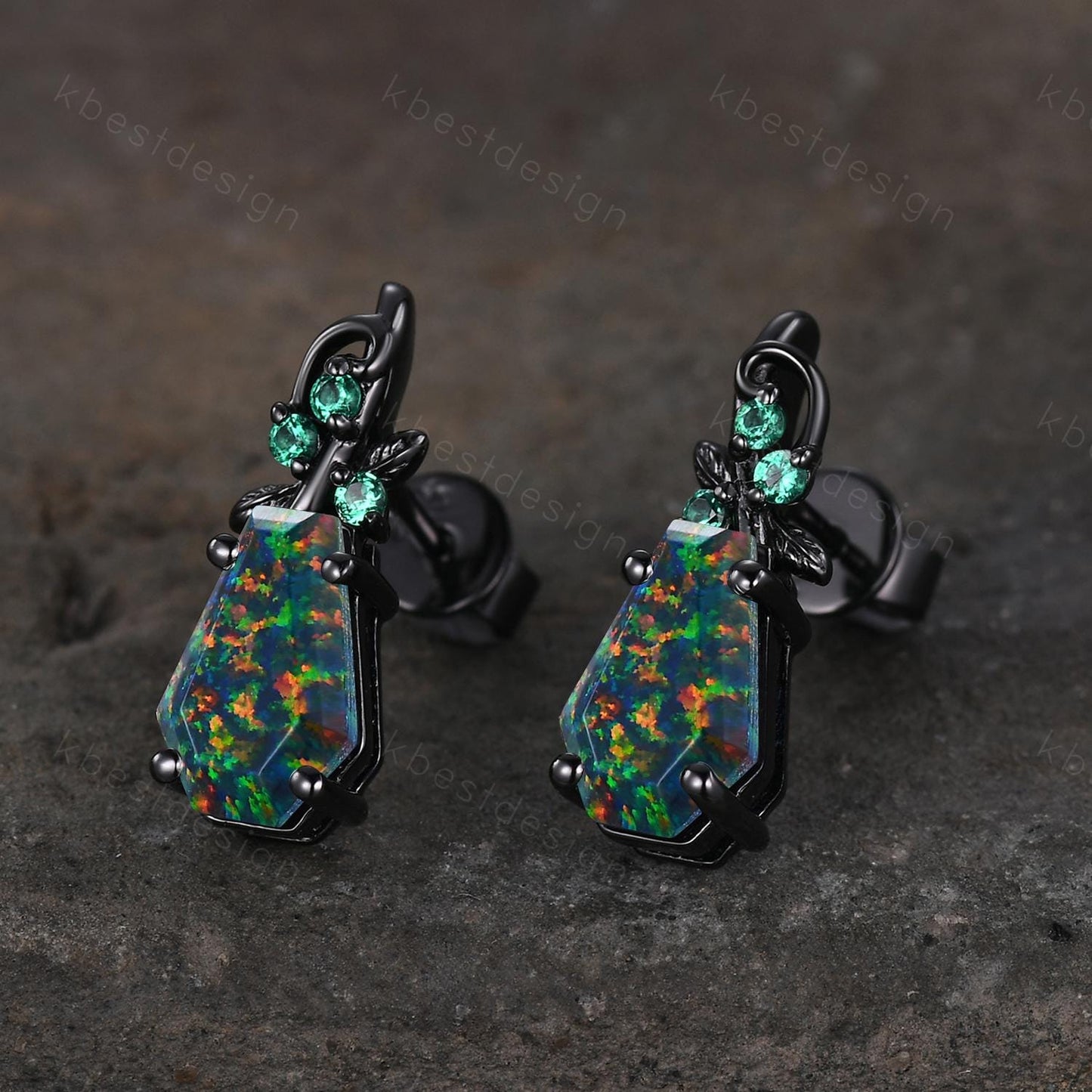 Black Fire Opal earrings women black gold earring studs Nature inspired coffin cut earrings art deco emerald studs anniversary gift for her