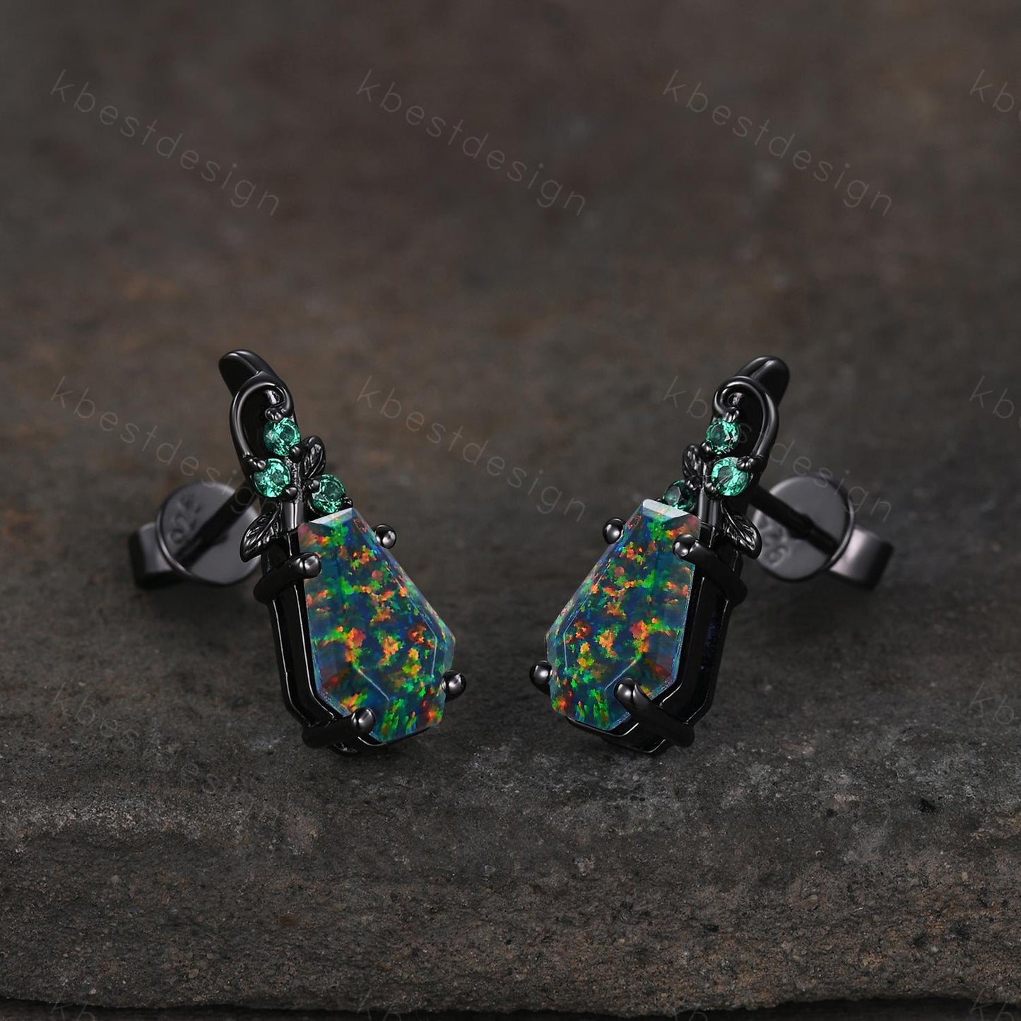 Black Fire Opal earrings women black gold earring studs Nature inspired coffin cut earrings art deco emerald studs anniversary gift for her
