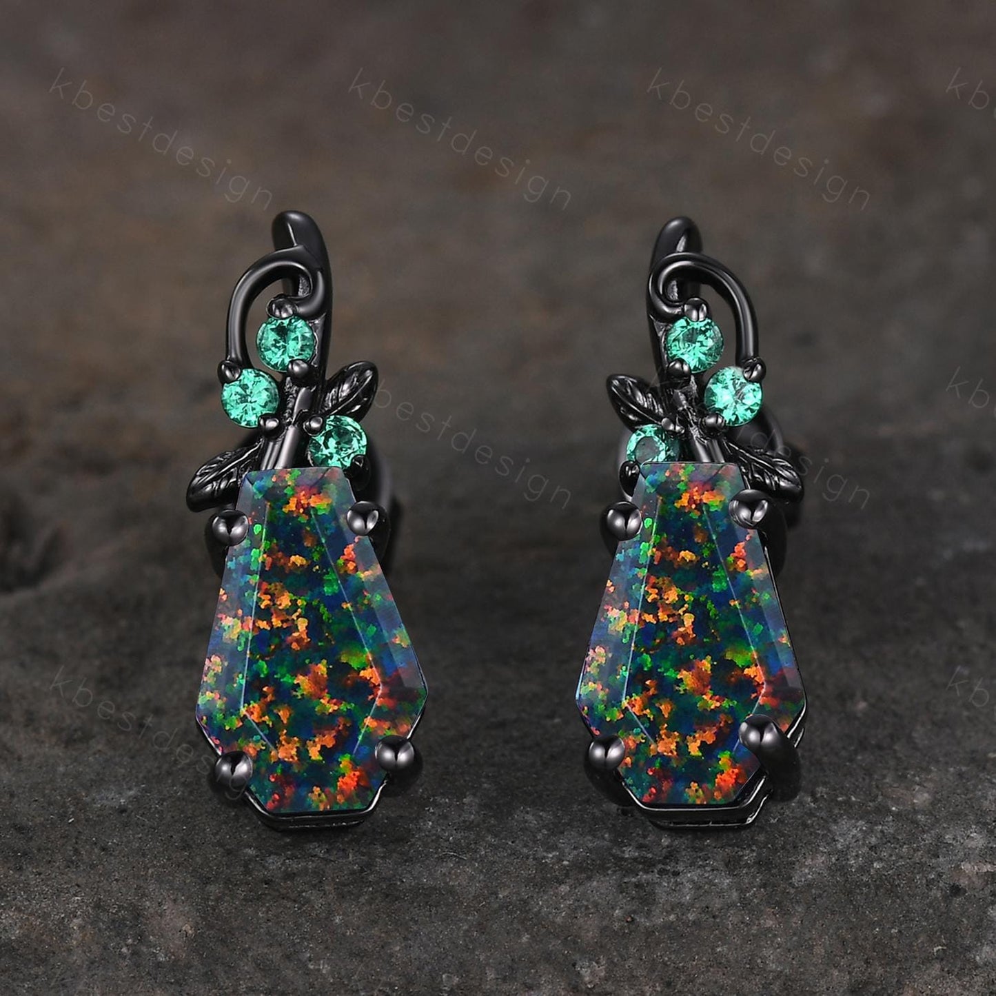 Black Fire Opal earrings women black gold earring studs Nature inspired coffin cut earrings art deco emerald studs anniversary gift for her
