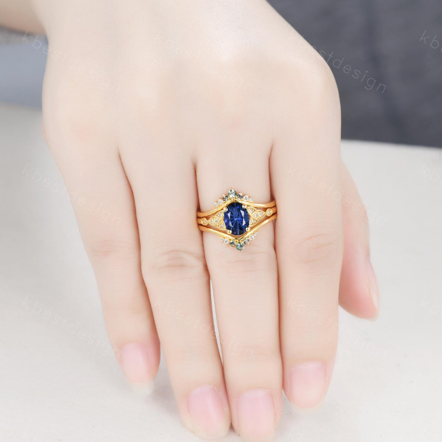Fireworks Cut Blue Sapphire Engagement Ring Set Unique Double Curved Band 14K Solid Gold Promise Rings For Women Moss Agate Stacking Band