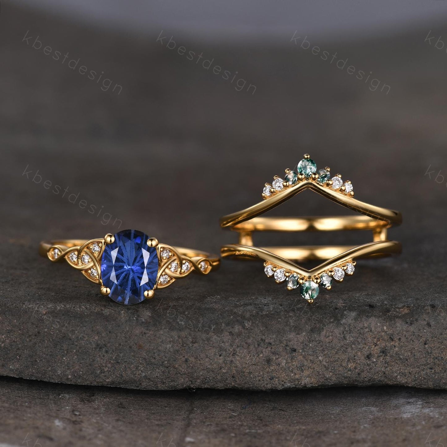 Fireworks Cut Blue Sapphire Engagement Ring Set Unique Double Curved Band 14K Solid Gold Promise Rings For Women Moss Agate Stacking Band