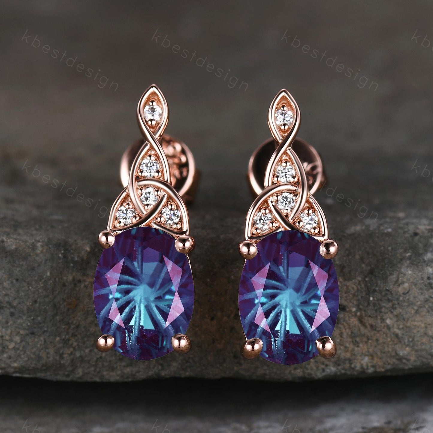 Celtic fireworks alexandrite earrings women rose gold earring studs oval cut earrings art deco alexandrite studs anniversary gift for her