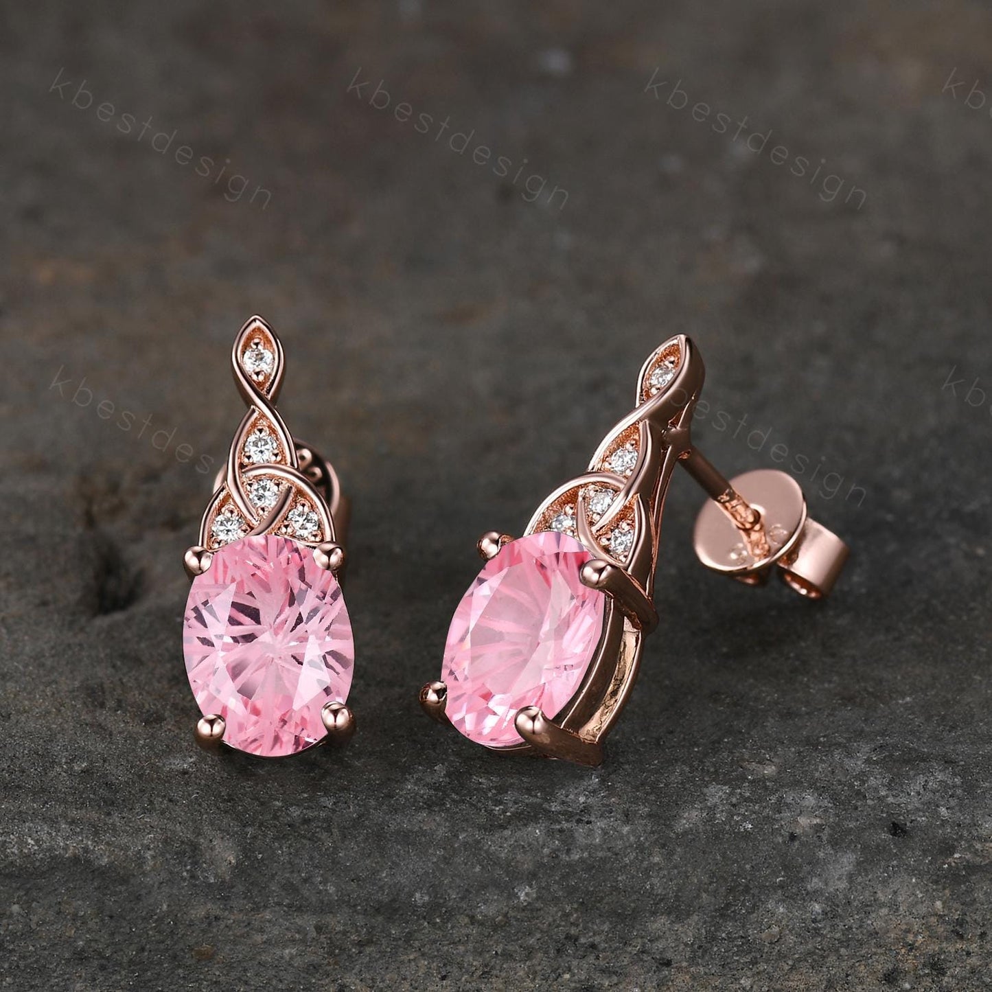 Fireworks pink sapphire earrings women rose gold earring studs oval cut earrings art deco celtic studs pink jewelry anniversary gift for her